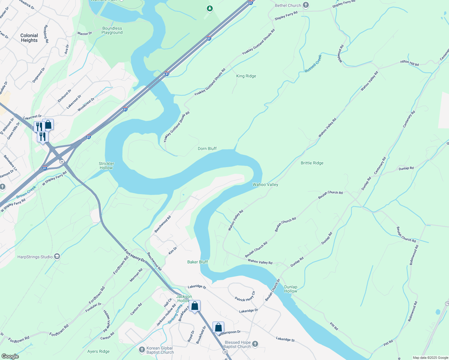 map of restaurants, bars, coffee shops, grocery stores, and more near 5051 Lake Forest Drive in Kingsport
