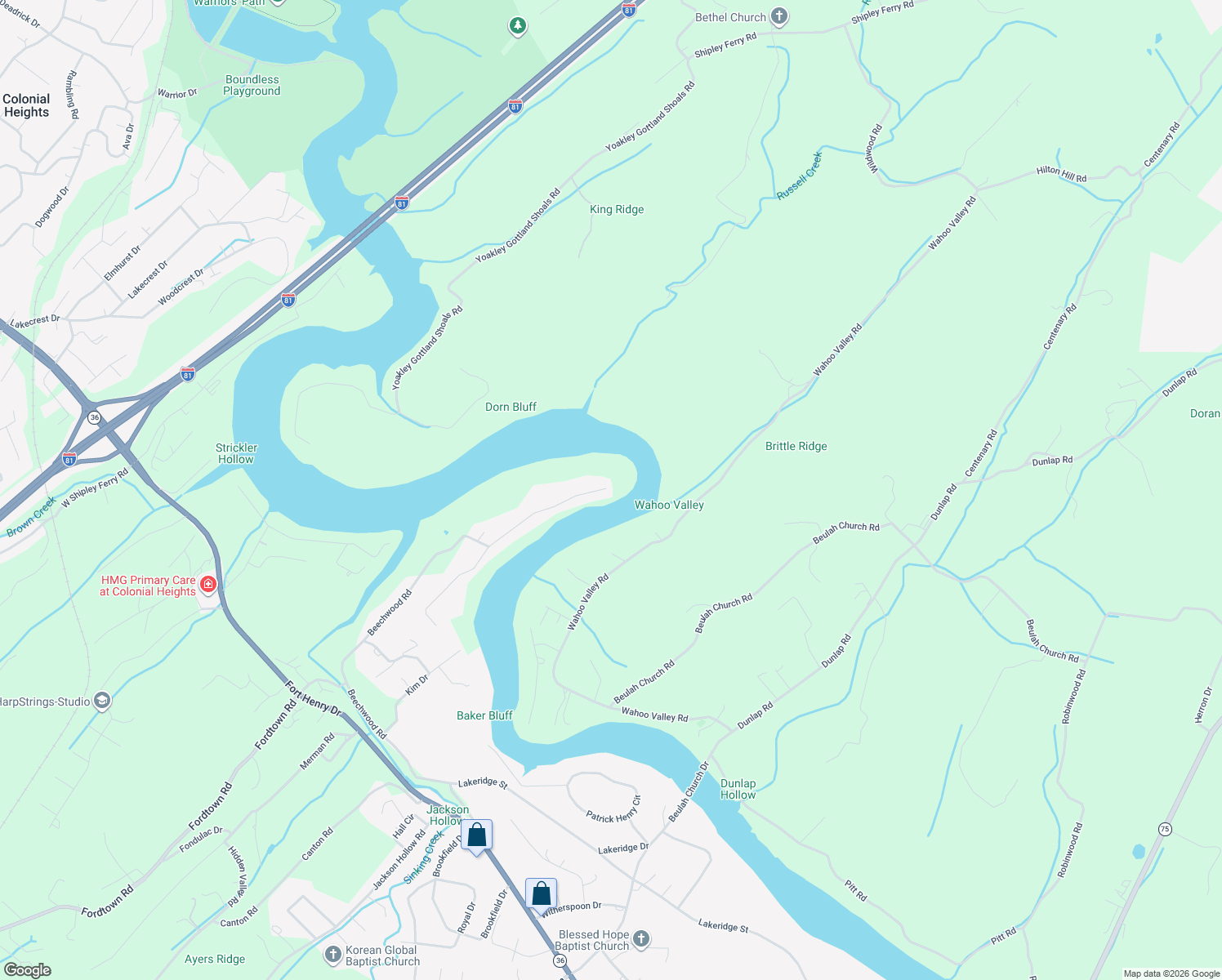 map of restaurants, bars, coffee shops, grocery stores, and more near 5074 Lake Forest Drive in Kingsport
