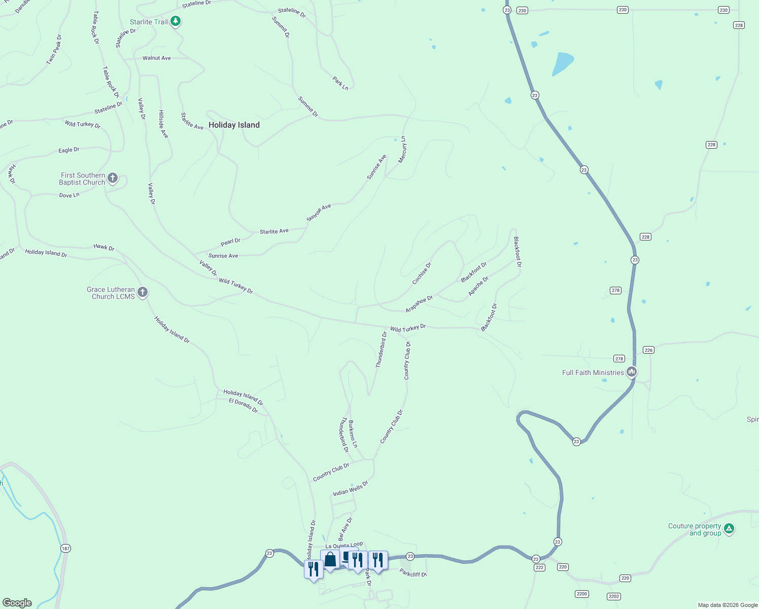 map of restaurants, bars, coffee shops, grocery stores, and more near 1 Cochise Drive in Eureka Springs