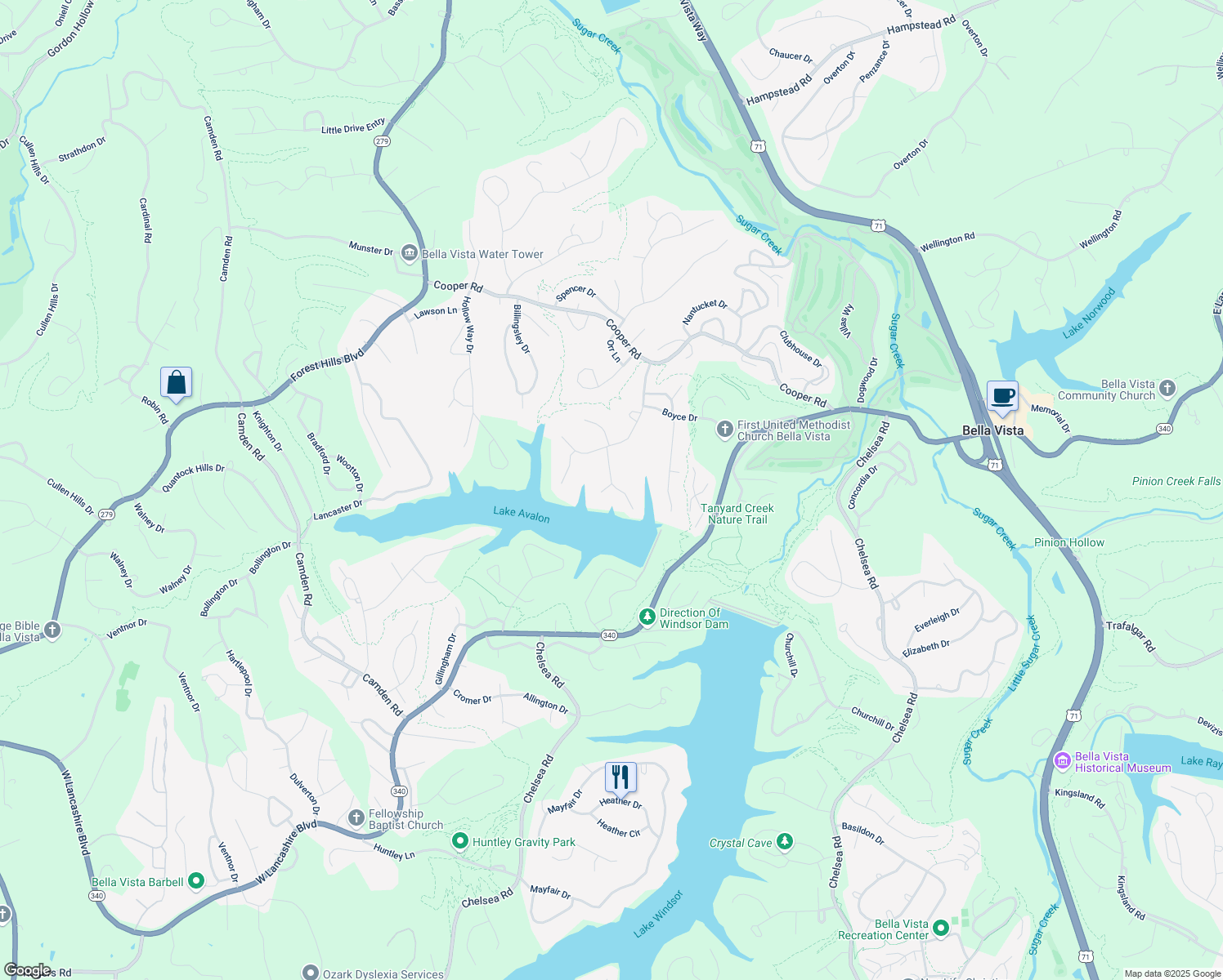 map of restaurants, bars, coffee shops, grocery stores, and more near 14 Pease Drive in Bella Vista
