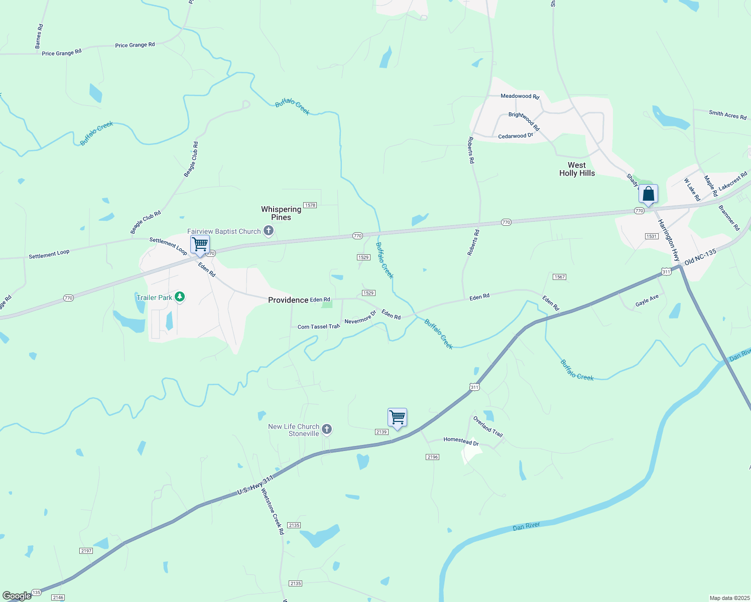 map of restaurants, bars, coffee shops, grocery stores, and more near 609 Eden Road in Stoneville