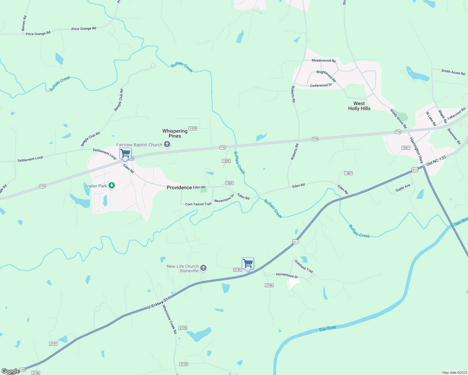 map of restaurants, bars, coffee shops, grocery stores, and more near 609 Eden Road in Stoneville