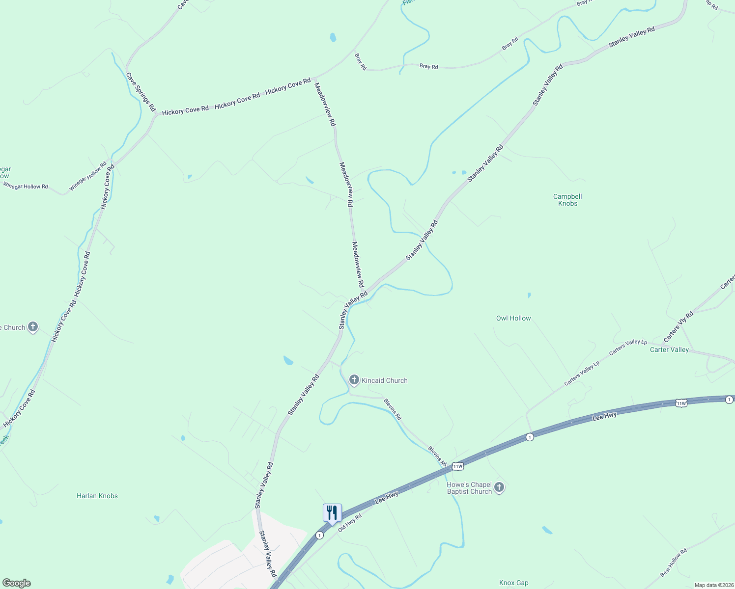 map of restaurants, bars, coffee shops, grocery stores, and more near 802 Stanley Valley Road in Rogersville