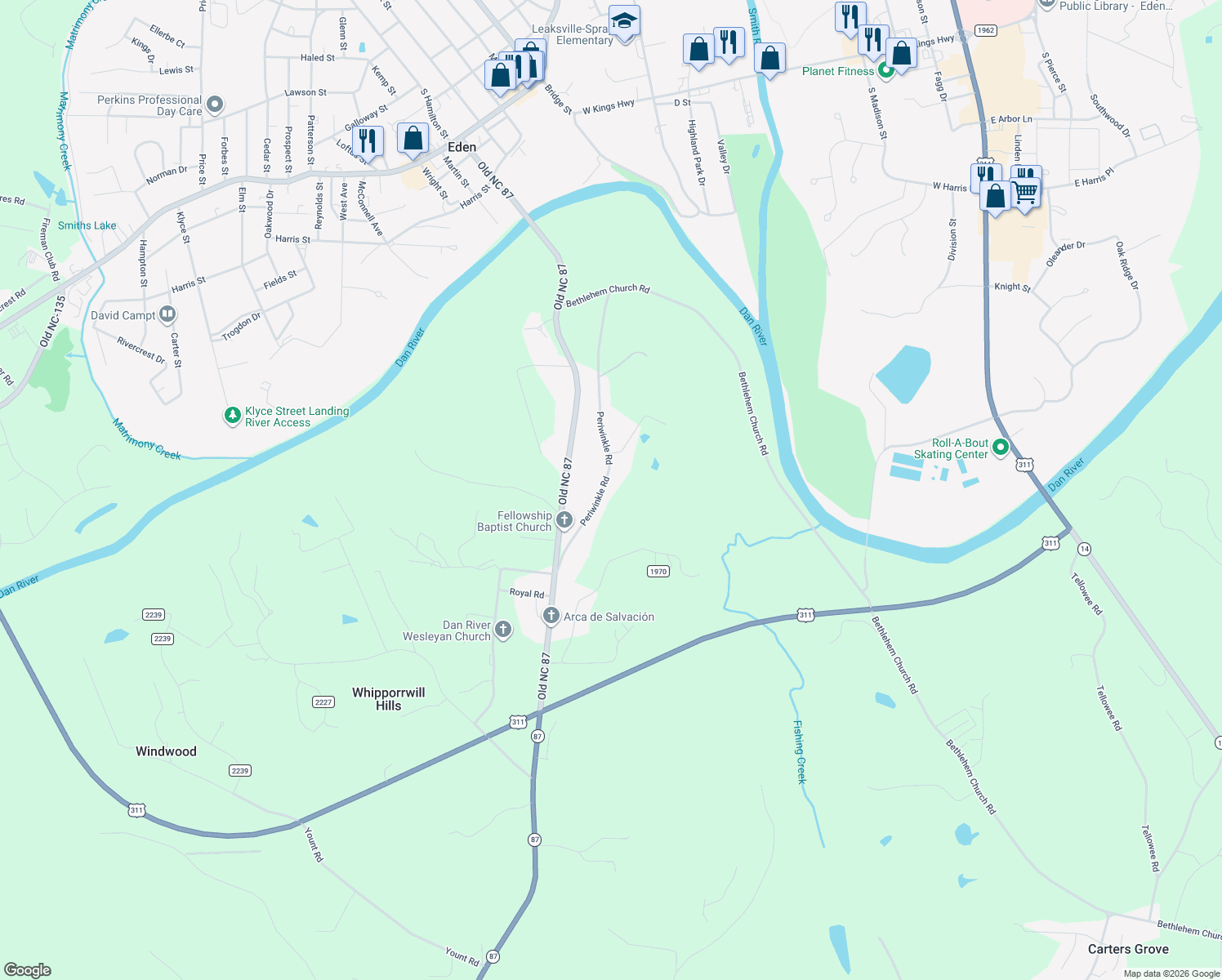 map of restaurants, bars, coffee shops, grocery stores, and more near 267 Periwinkle Road in Eden