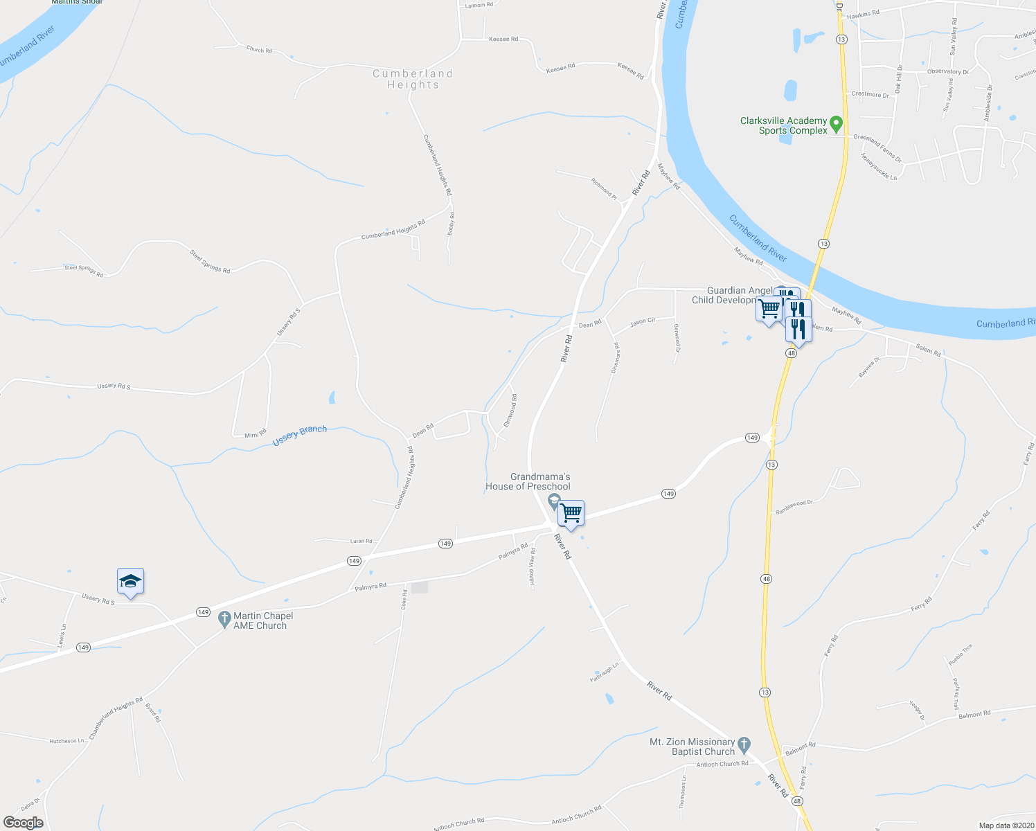 map of restaurants, bars, coffee shops, grocery stores, and more near 1749 Elmwood Road in Clarksville