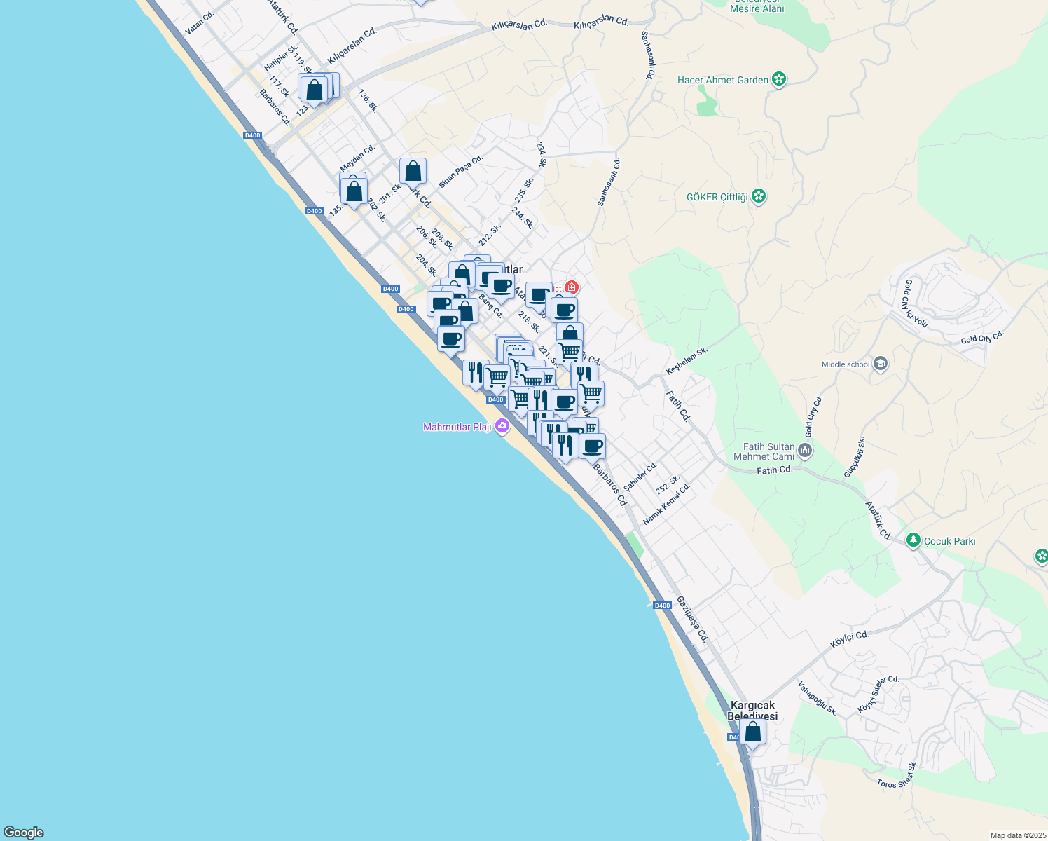 map of restaurants, bars, coffee shops, grocery stores, and more near 169 Mersin - Antalya Yolu in Alanya