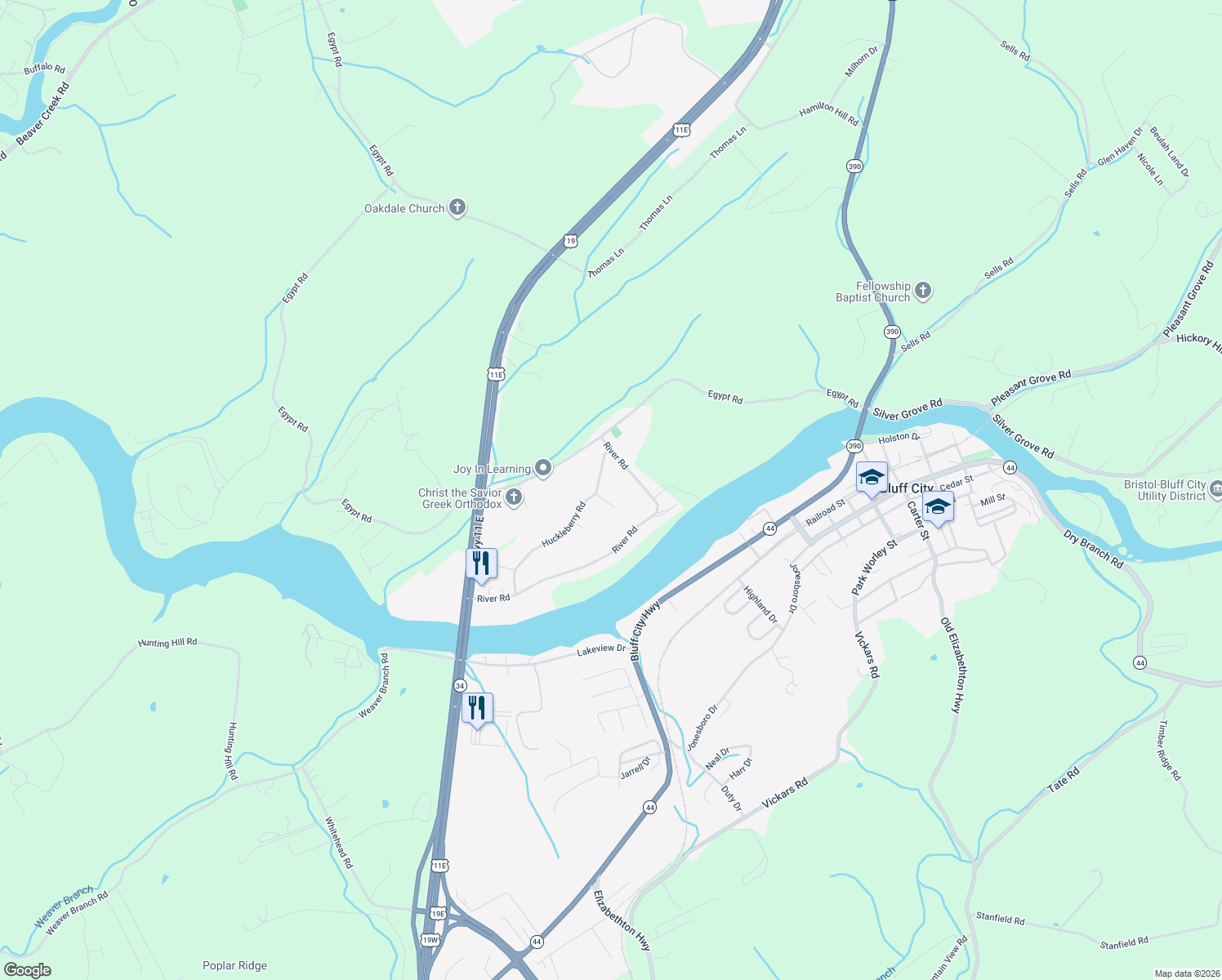 map of restaurants, bars, coffee shops, grocery stores, and more near 311 Sawyer Circle in Bluff City