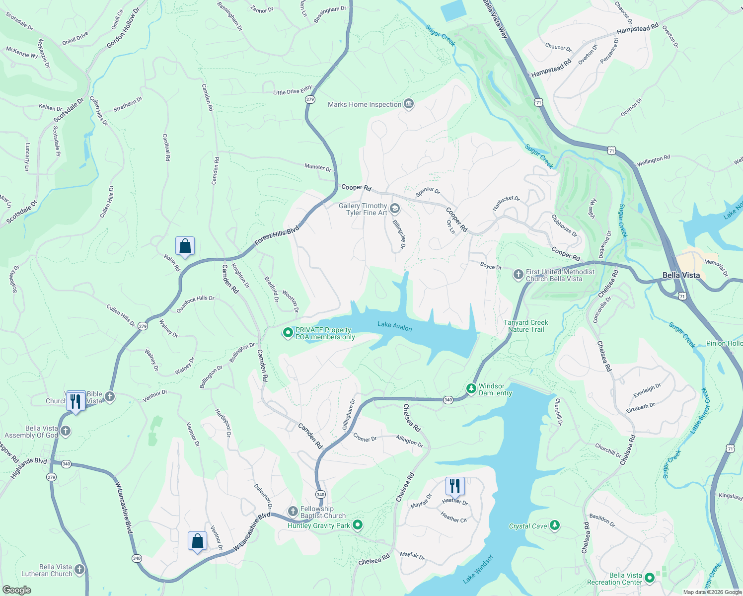 map of restaurants, bars, coffee shops, grocery stores, and more near 15 Evans Lane in Bella Vista