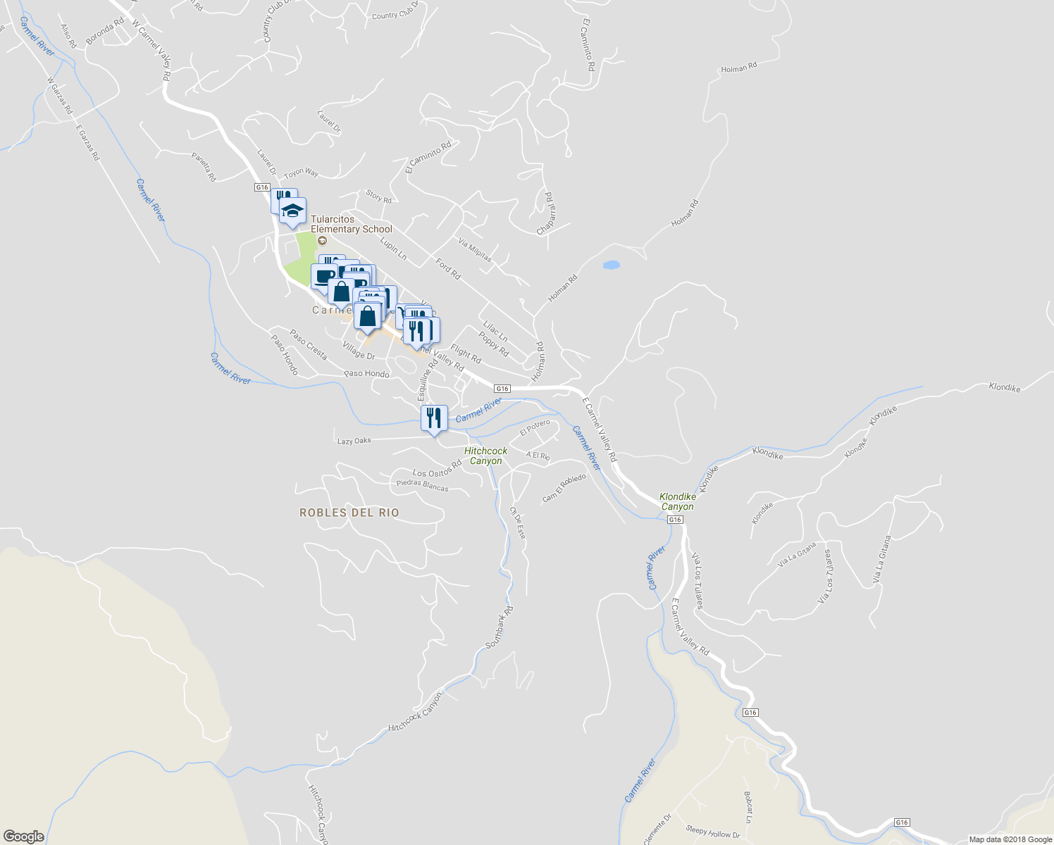 map of restaurants, bars, coffee shops, grocery stores, and more near 51 El Potrero in Carmel Valley