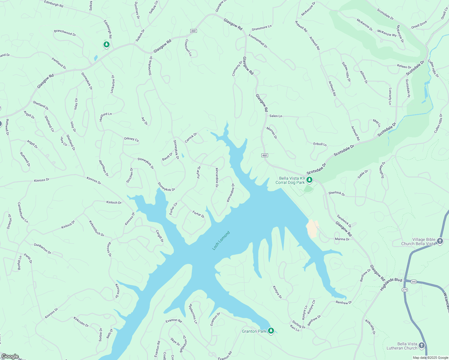 map of restaurants, bars, coffee shops, grocery stores, and more near 131 Kincardine Drive in Bella Vista