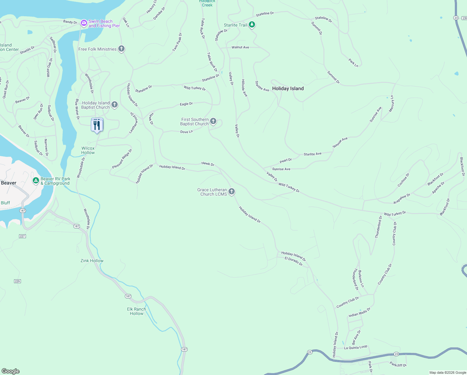 map of restaurants, bars, coffee shops, grocery stores, and more near 186 Holiday Island Drive in Holiday Island