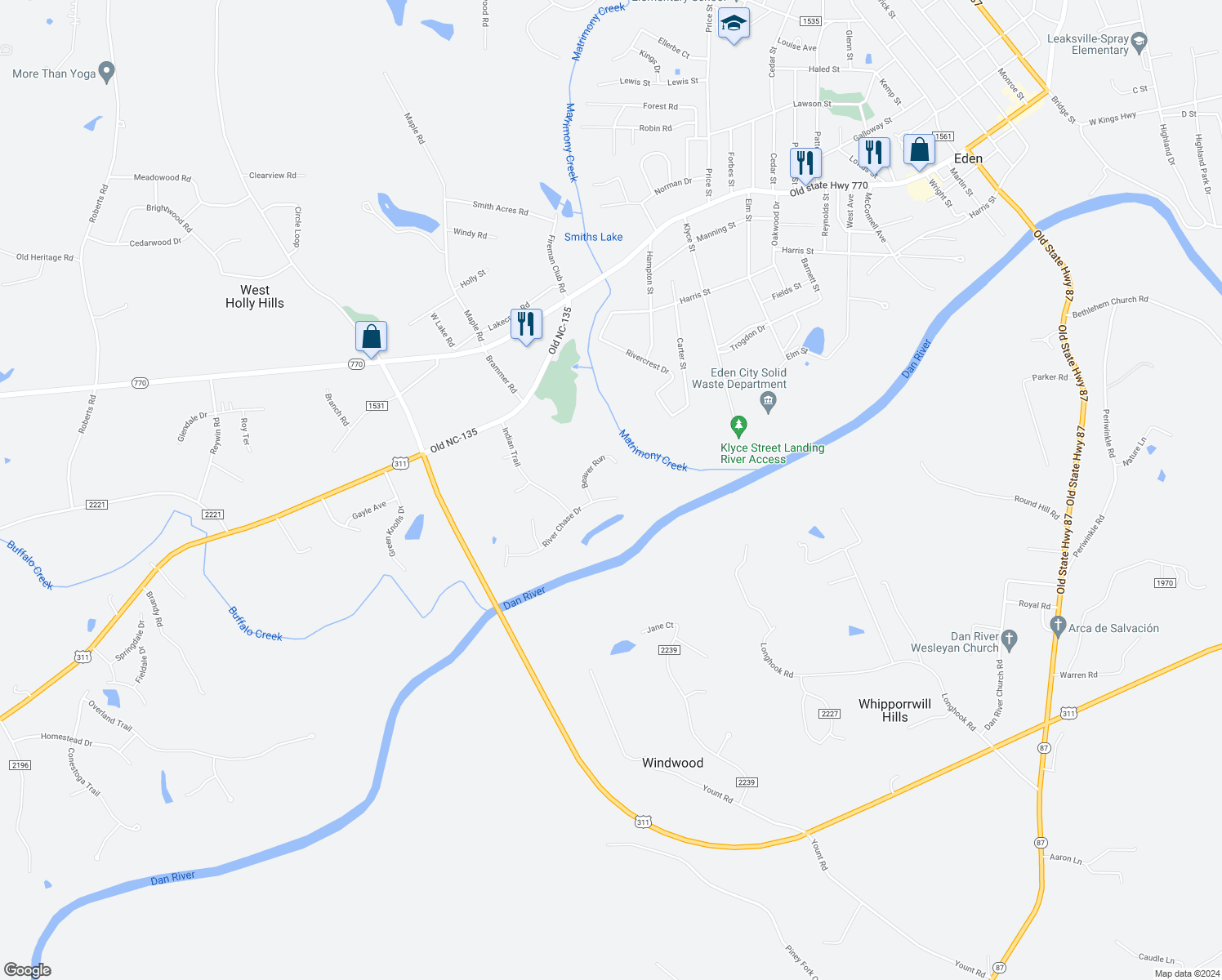 map of restaurants, bars, coffee shops, grocery stores, and more near 2123 River Chase Drive in Eden