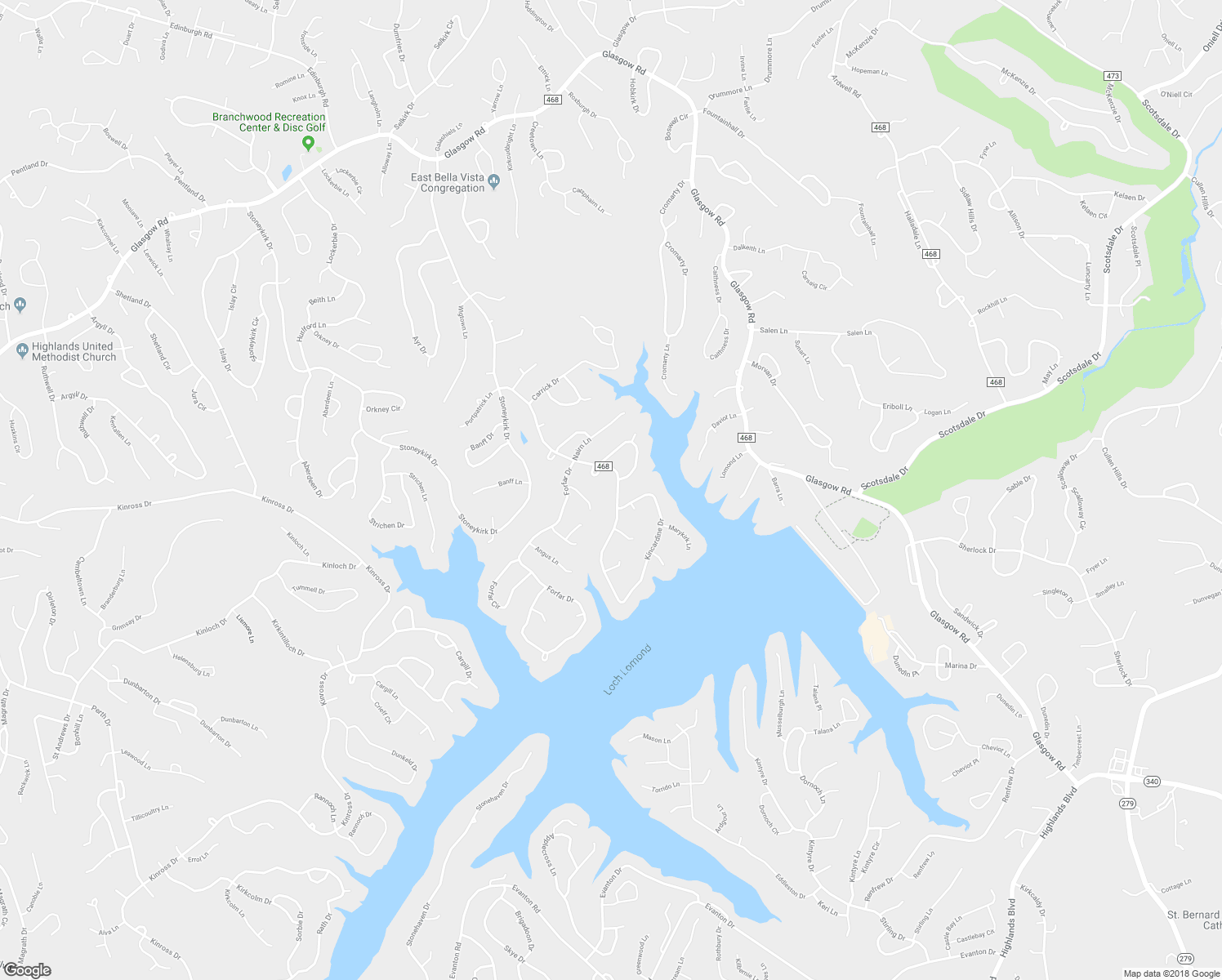 map of restaurants, bars, coffee shops, grocery stores, and more near 42 Kincardine Drive in Bella Vista