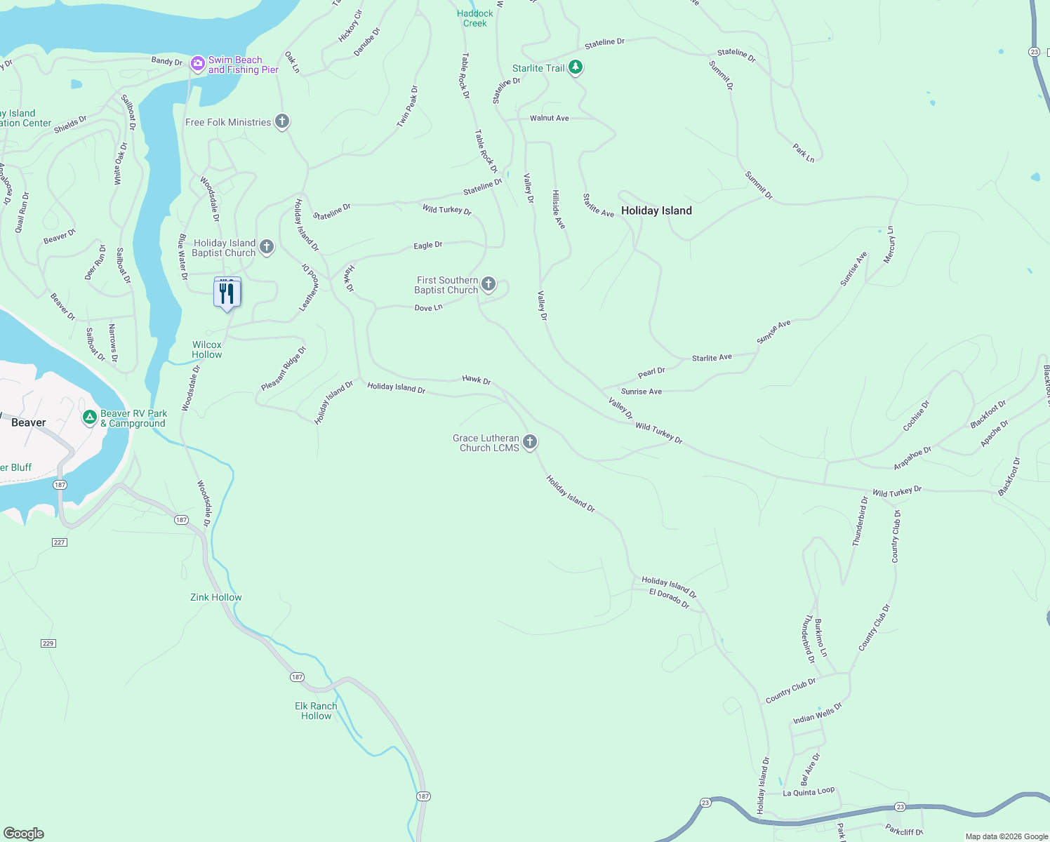 map of restaurants, bars, coffee shops, grocery stores, and more near 186 Holiday Island Drive in Holiday Island