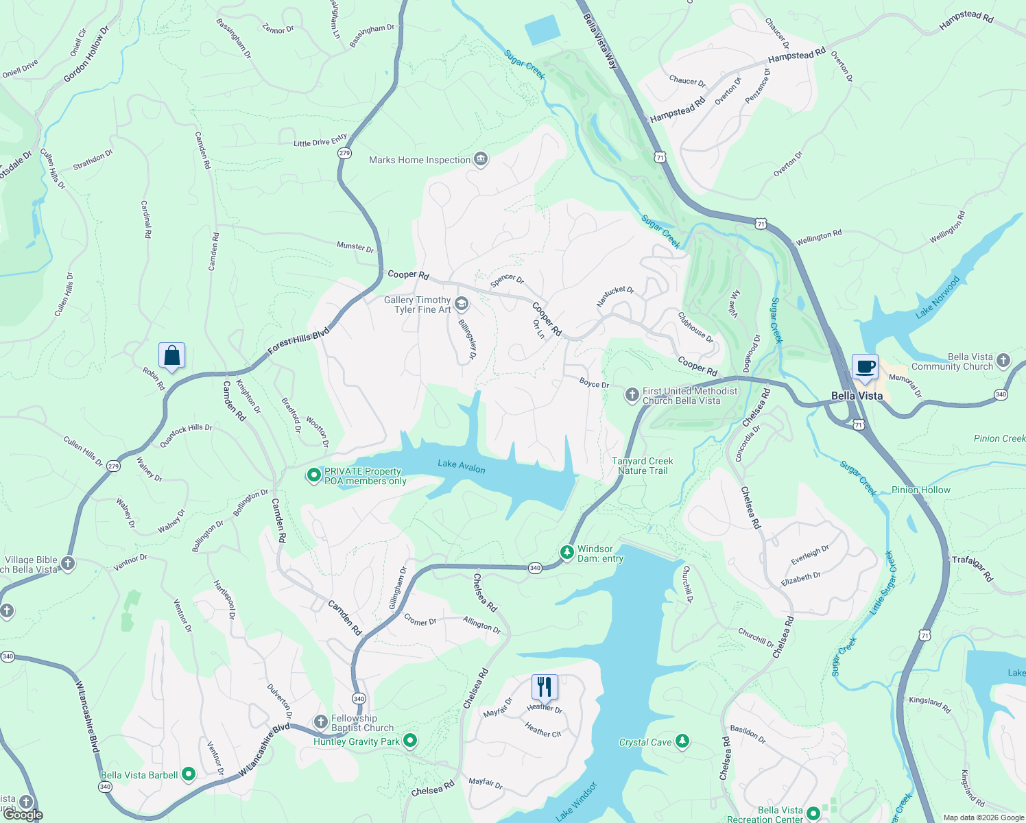 map of restaurants, bars, coffee shops, grocery stores, and more near 32 Basore Drive in Bella Vista