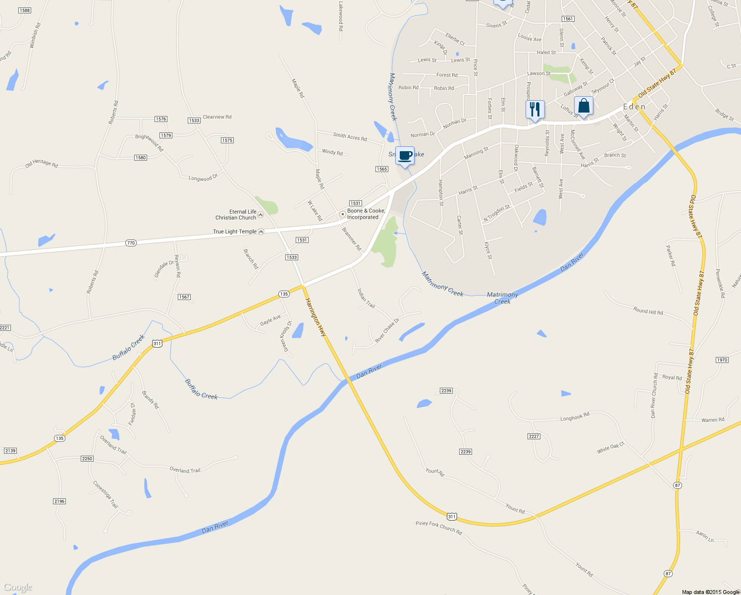 map of restaurants, bars, coffee shops, grocery stores, and more near 1828 Indian Trail in Eden