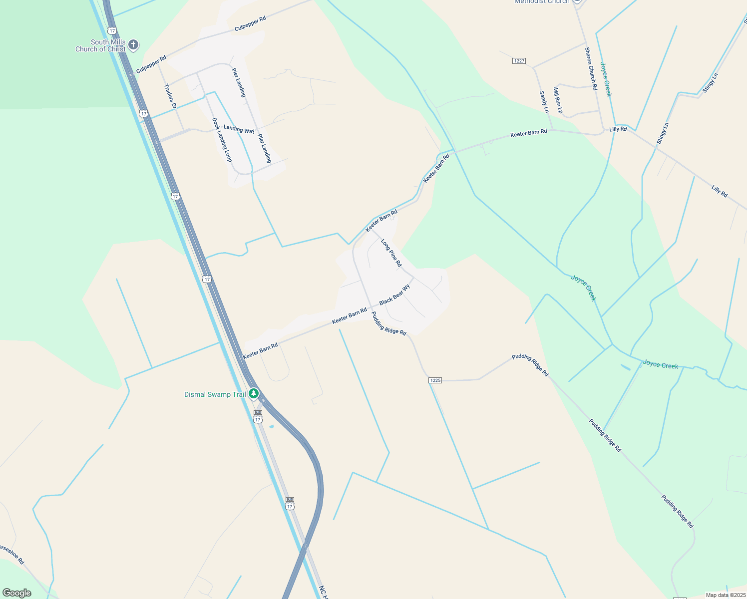 map of restaurants, bars, coffee shops, grocery stores, and more near 169 Keeter Barn Road in South Mills
