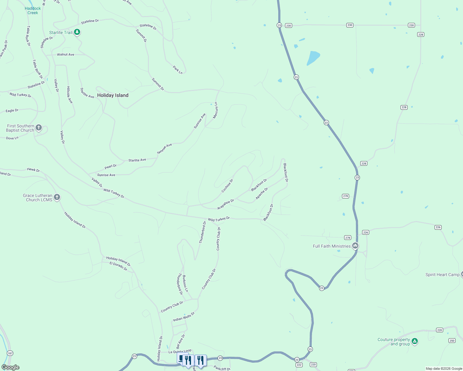 map of restaurants, bars, coffee shops, grocery stores, and more near 1-3 Cochise Drive in Eureka Springs