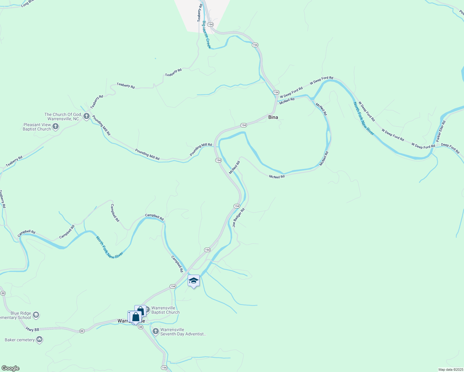 map of restaurants, bars, coffee shops, grocery stores, and more near 7053 North Carolina 194 in Warrensville