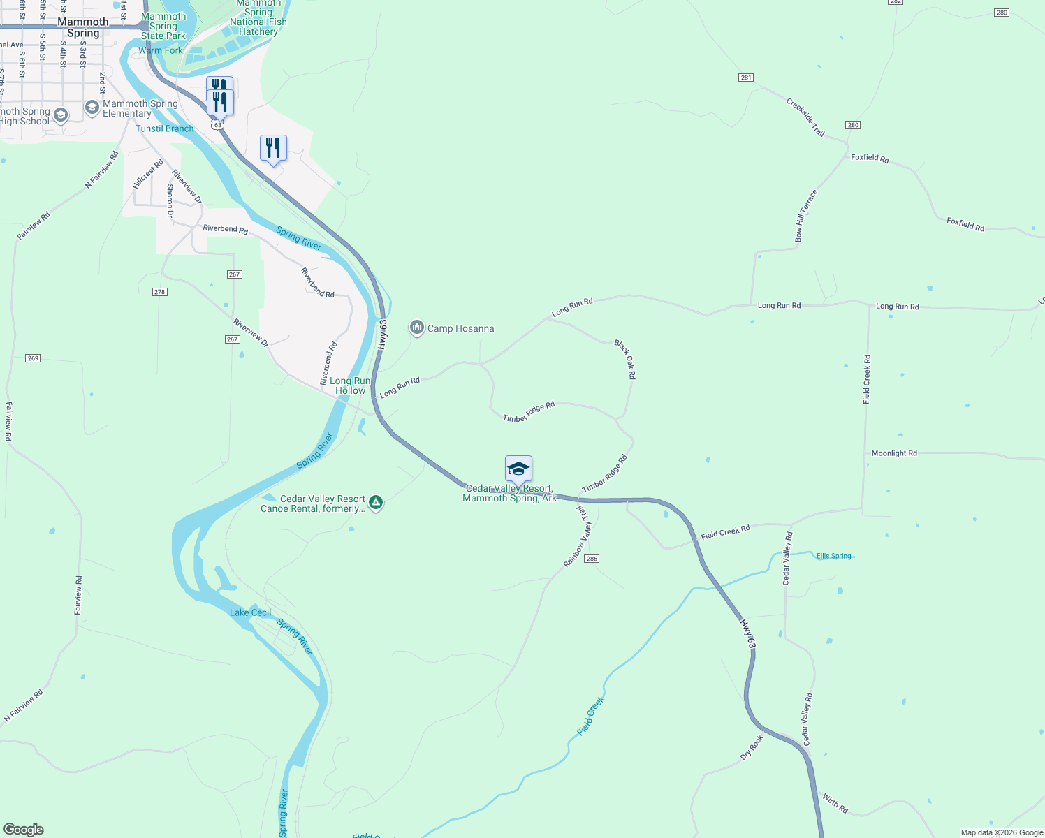 map of restaurants, bars, coffee shops, grocery stores, and more near 603 Timber Ridge Road in Mammoth Spring