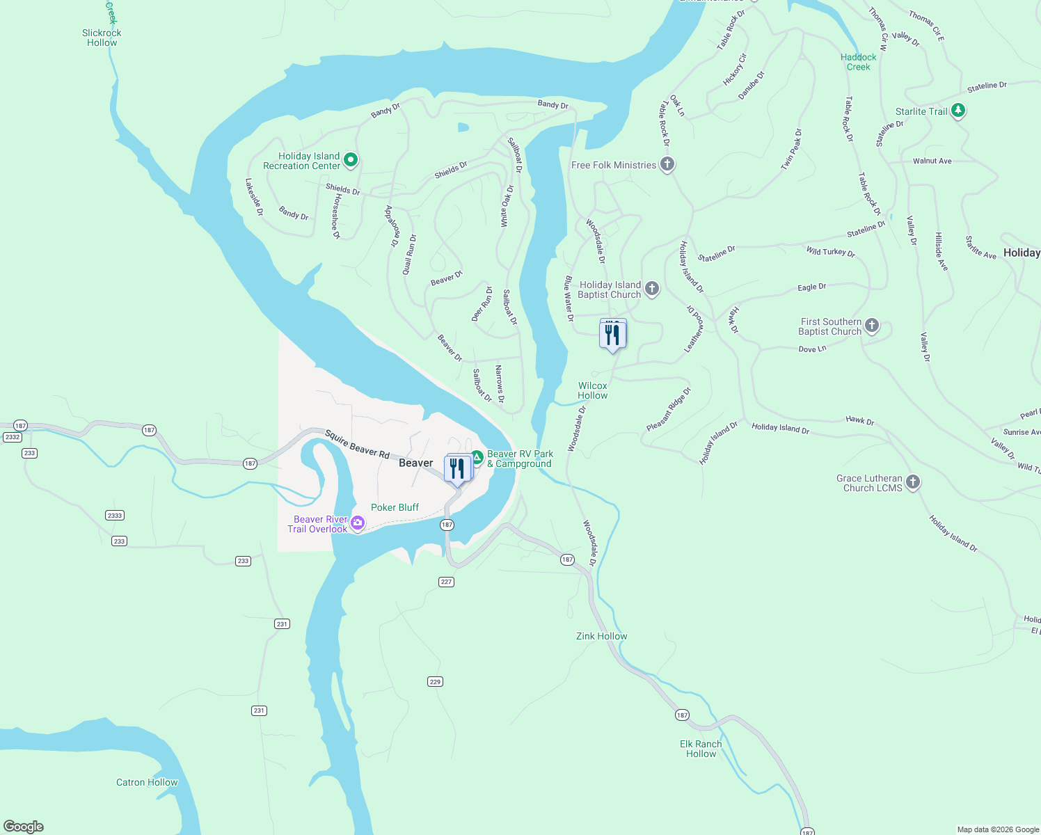 map of restaurants, bars, coffee shops, grocery stores, and more near 67 Sailboat Drive in Holiday Island