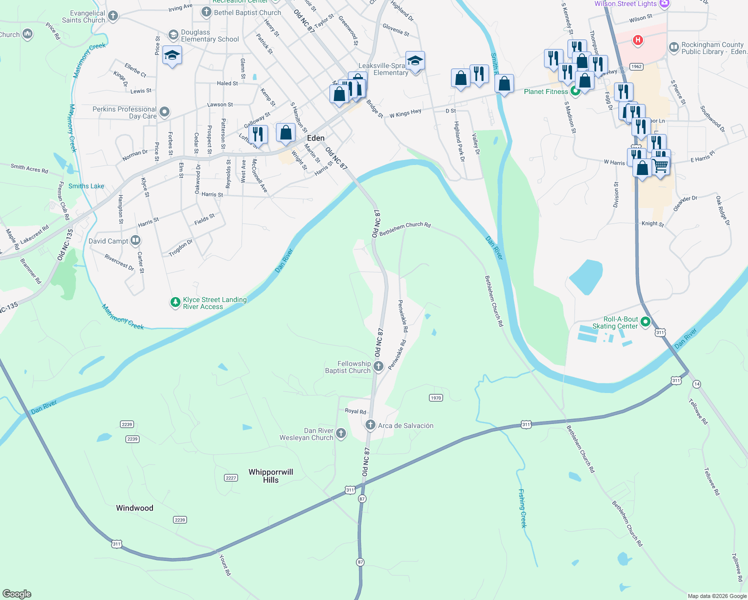 map of restaurants, bars, coffee shops, grocery stores, and more near 12142 Old State Highway 87 in Eden
