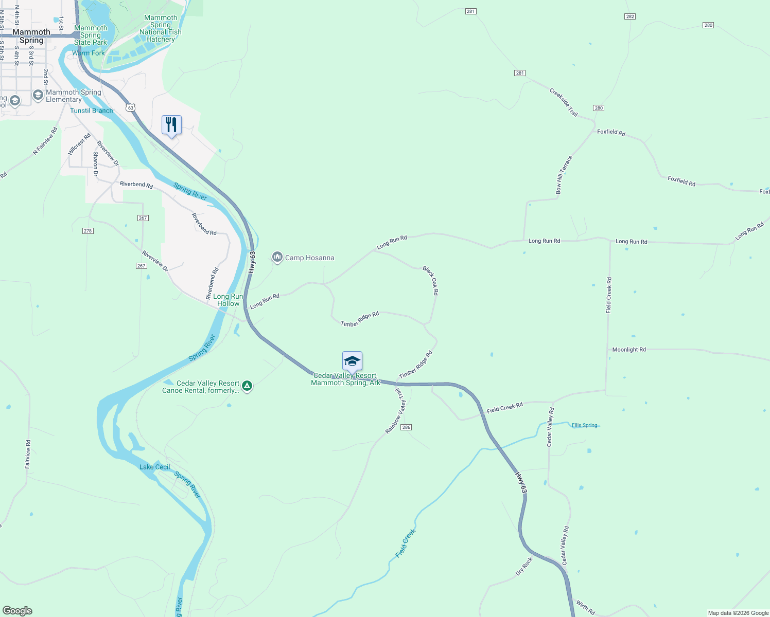 map of restaurants, bars, coffee shops, grocery stores, and more near 603 Timber Ridge Road in Mammoth Spring