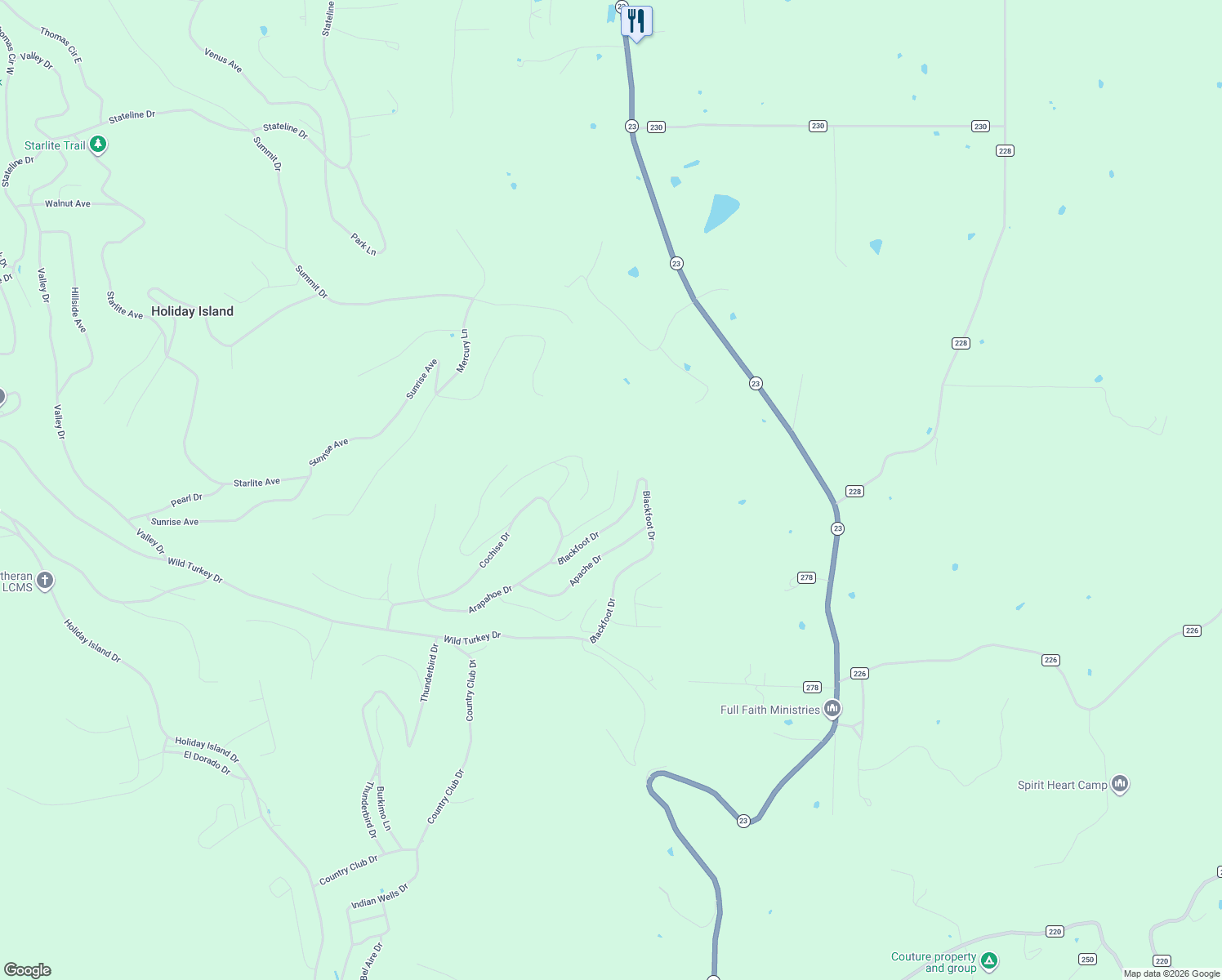 map of restaurants, bars, coffee shops, grocery stores, and more near 22 Arapahoe Lane in Holiday Island
