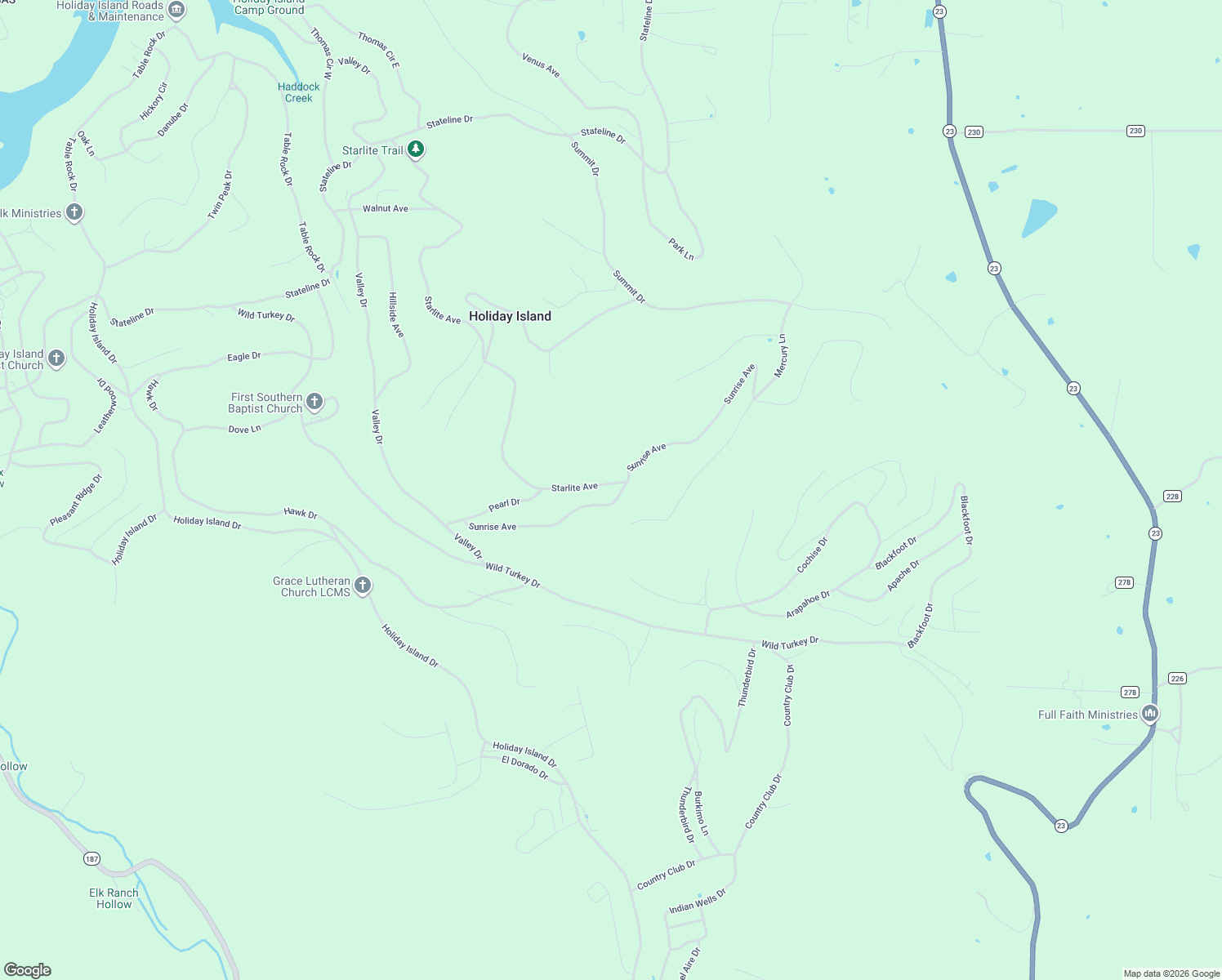 map of restaurants, bars, coffee shops, grocery stores, and more near 159 Starlite Avenue in Holiday Island