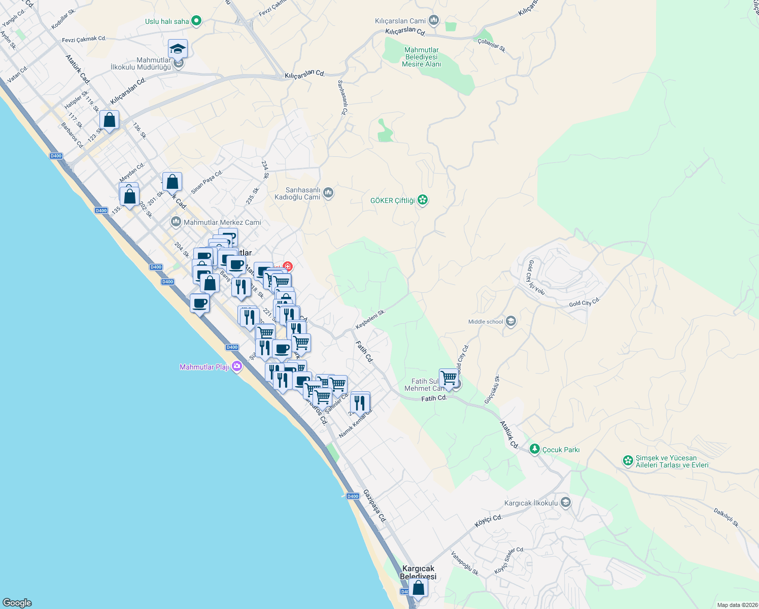map of restaurants, bars, coffee shops, grocery stores, and more near Keşbeleni Sokak in Alanya