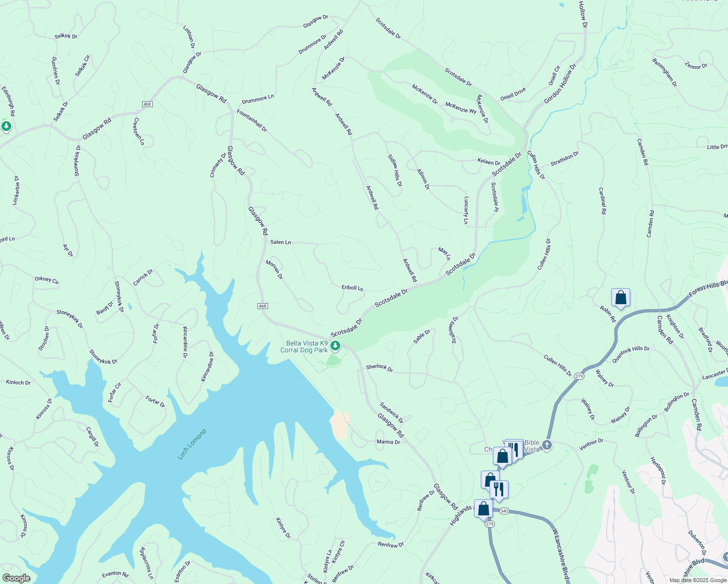 map of restaurants, bars, coffee shops, grocery stores, and more near 4 Logan Lane in Bella Vista