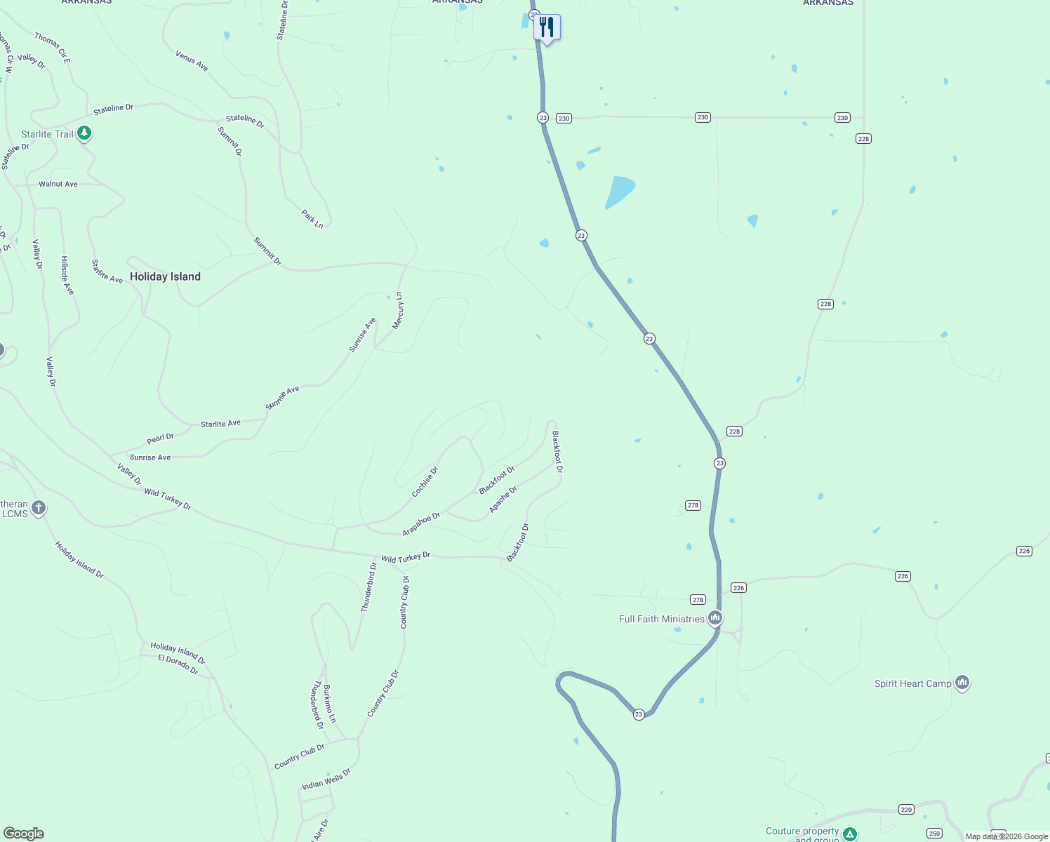 map of restaurants, bars, coffee shops, grocery stores, and more near 22 Arapahoe Lane in Holiday Island