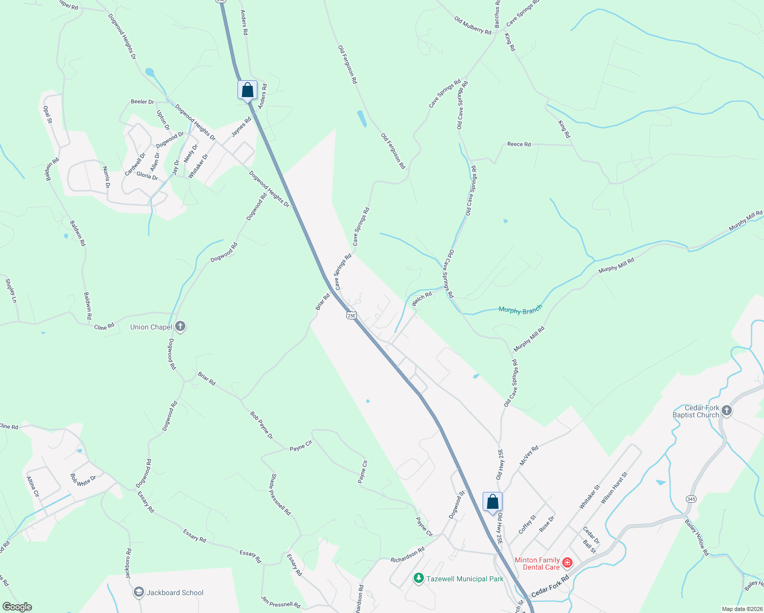 map of restaurants, bars, coffee shops, grocery stores, and more near 214 Cosby Circle in Tazewell