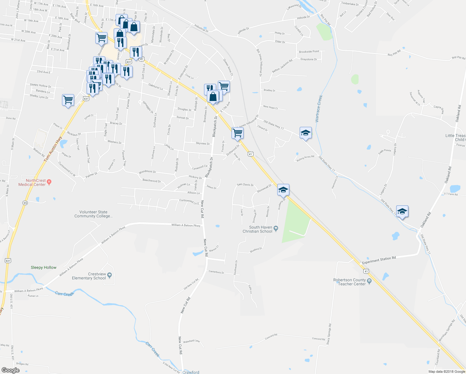 map of restaurants, bars, coffee shops, grocery stores, and more near 121 Sam Davis Drive in Springfield