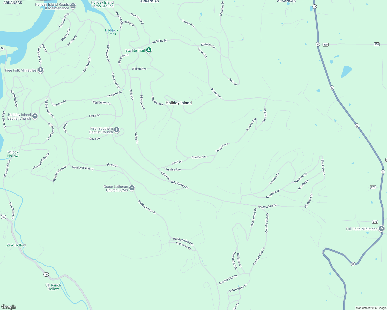 map of restaurants, bars, coffee shops, grocery stores, and more near 159 Starlite Avenue in Holiday Island