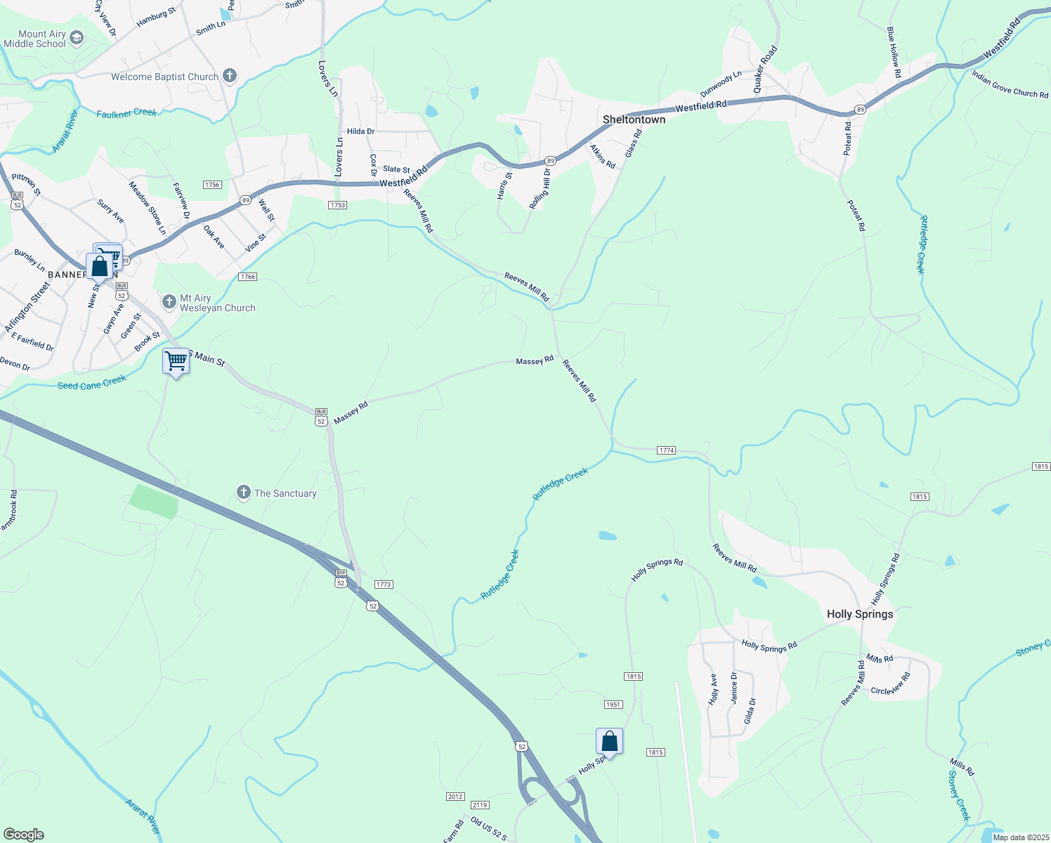 map of restaurants, bars, coffee shops, grocery stores, and more near 468 Massey Road in Mount Airy