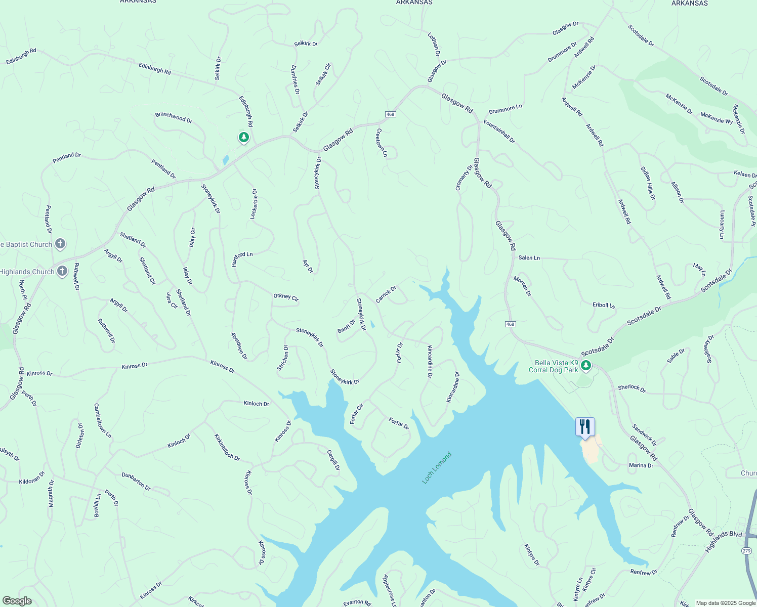 map of restaurants, bars, coffee shops, grocery stores, and more near 1 Carrick Drive in Bella Vista