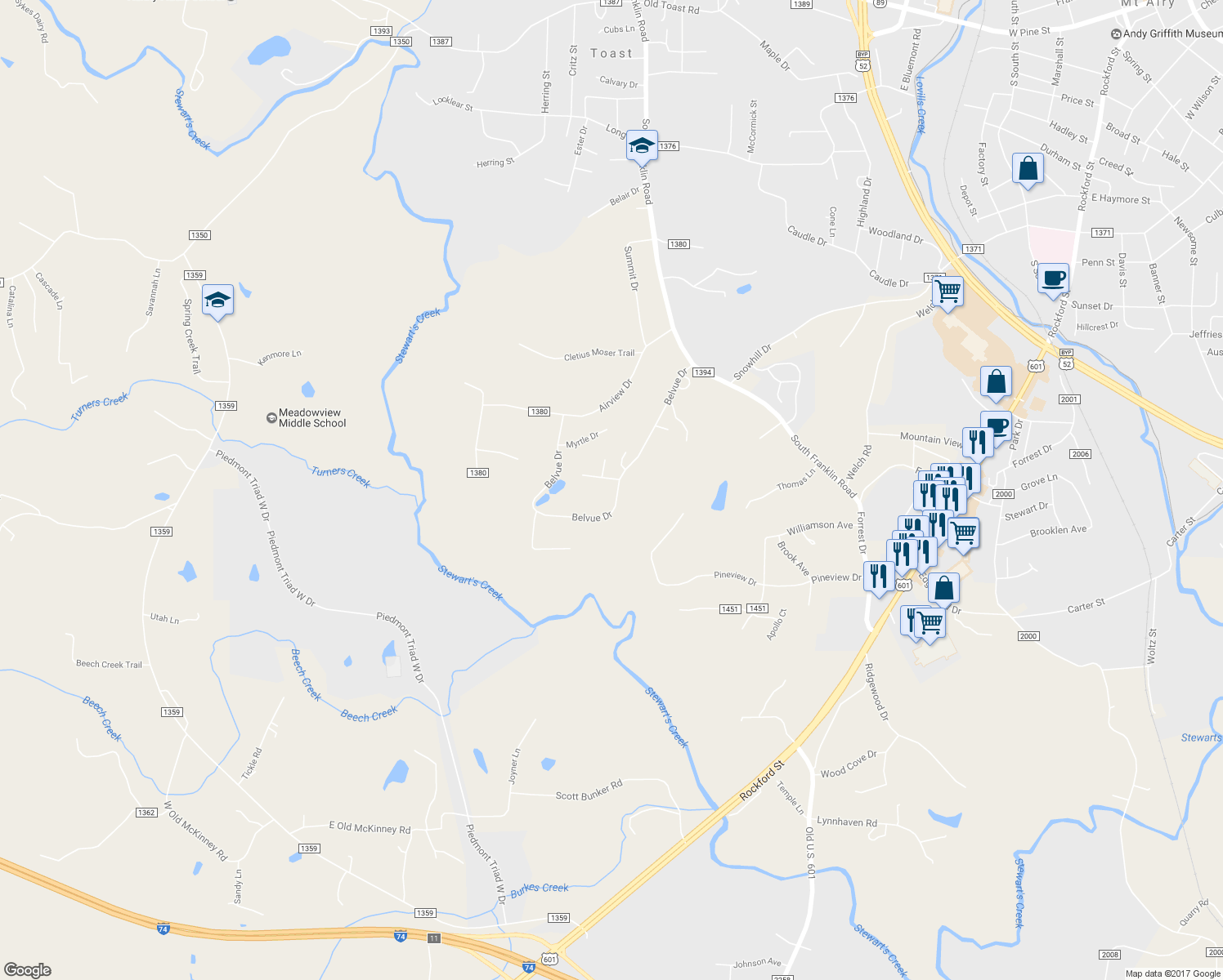 map of restaurants, bars, coffee shops, grocery stores, and more near 318 Belvue Drive in Mount Airy