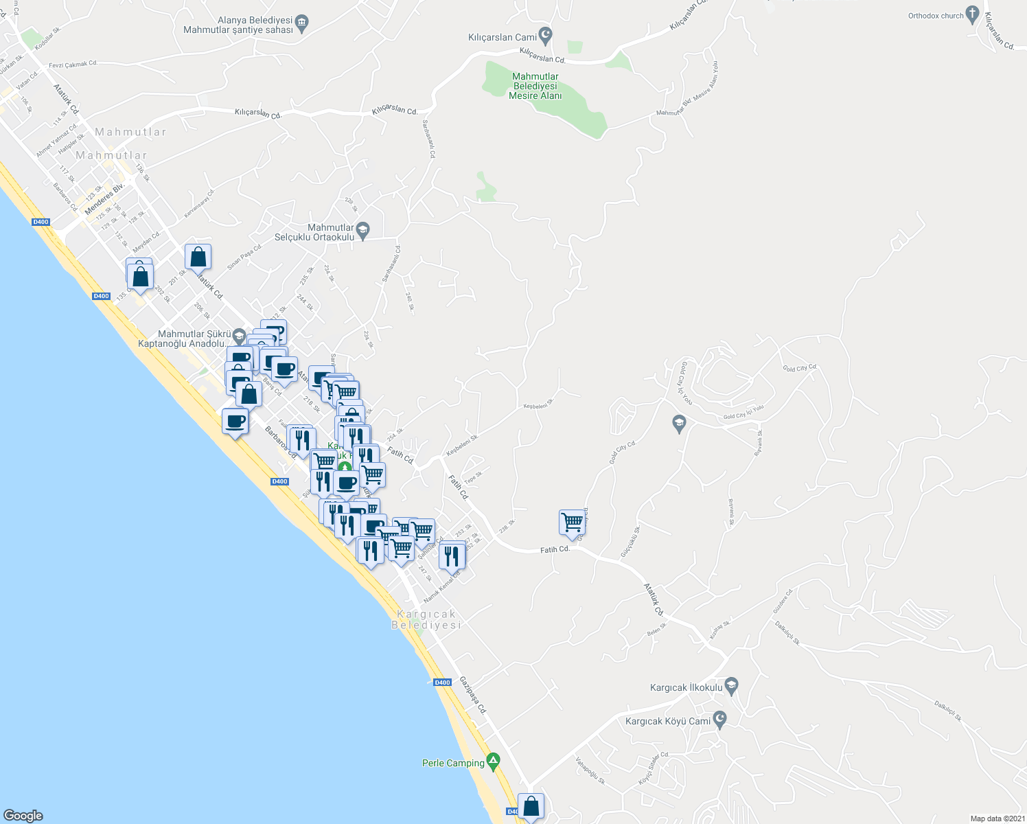 map of restaurants, bars, coffee shops, grocery stores, and more near Keşbeleni Sokak in Alanya