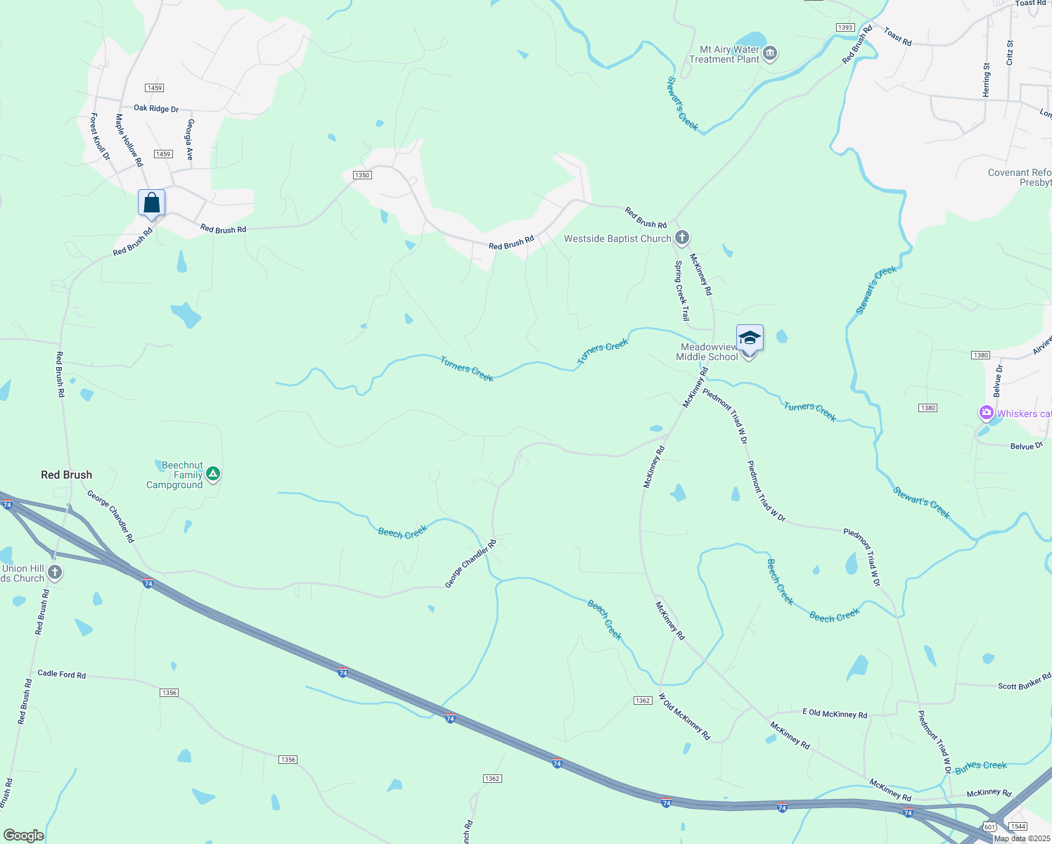 map of restaurants, bars, coffee shops, grocery stores, and more near 166 Watson Road in Mount Airy