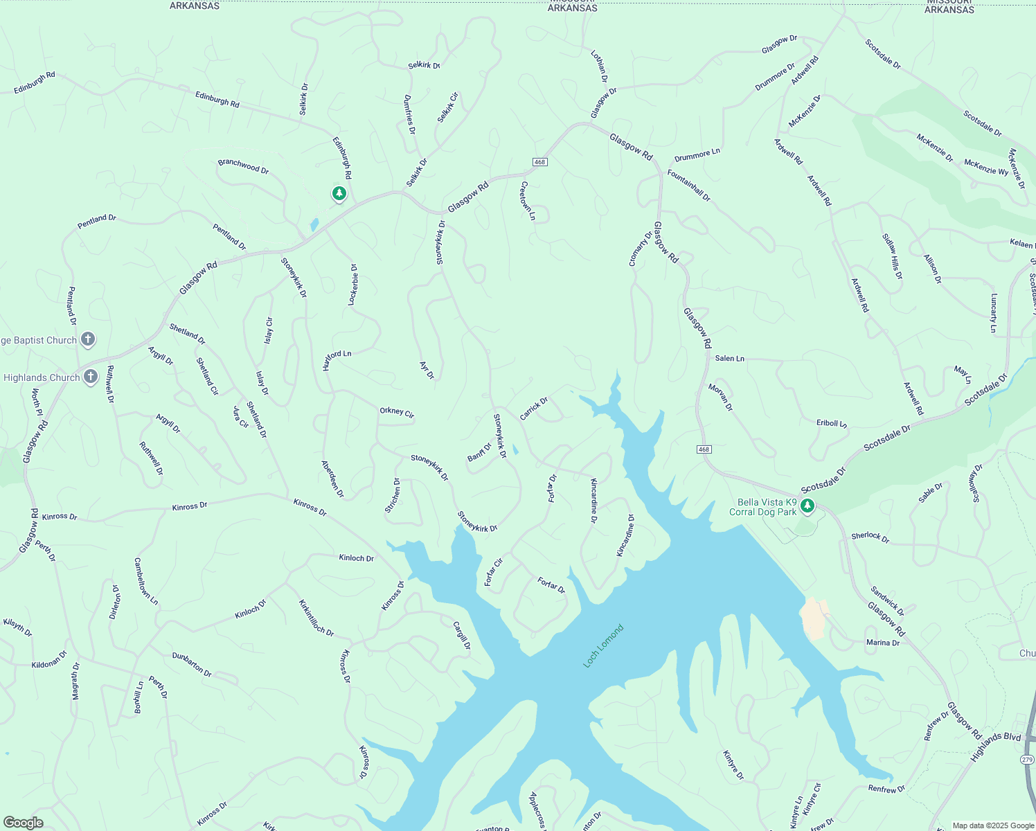 map of restaurants, bars, coffee shops, grocery stores, and more near 1 Carrick Drive in Bella Vista