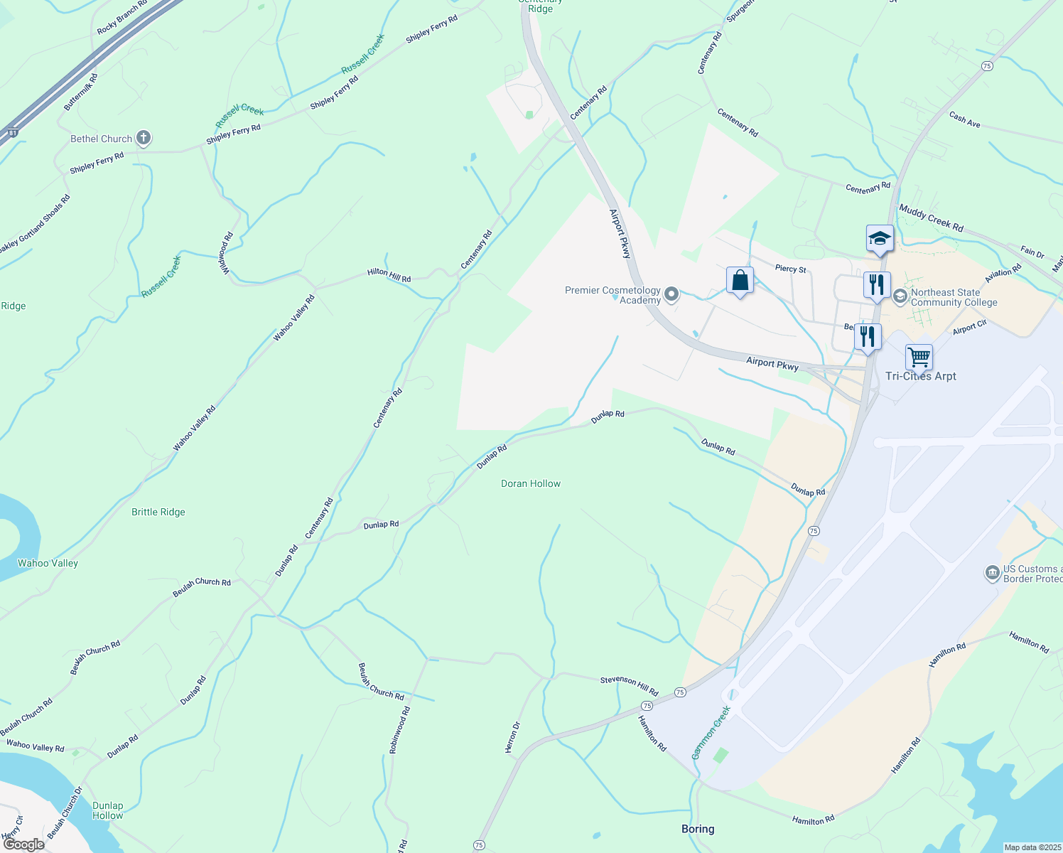 map of restaurants, bars, coffee shops, grocery stores, and more near 590 Dunlap Road in Kingsport