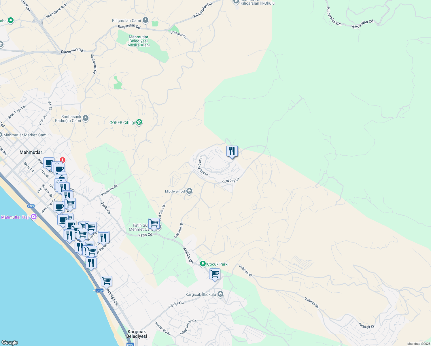 map of restaurants, bars, coffee shops, grocery stores, and more near Unnamed Road in Alanya