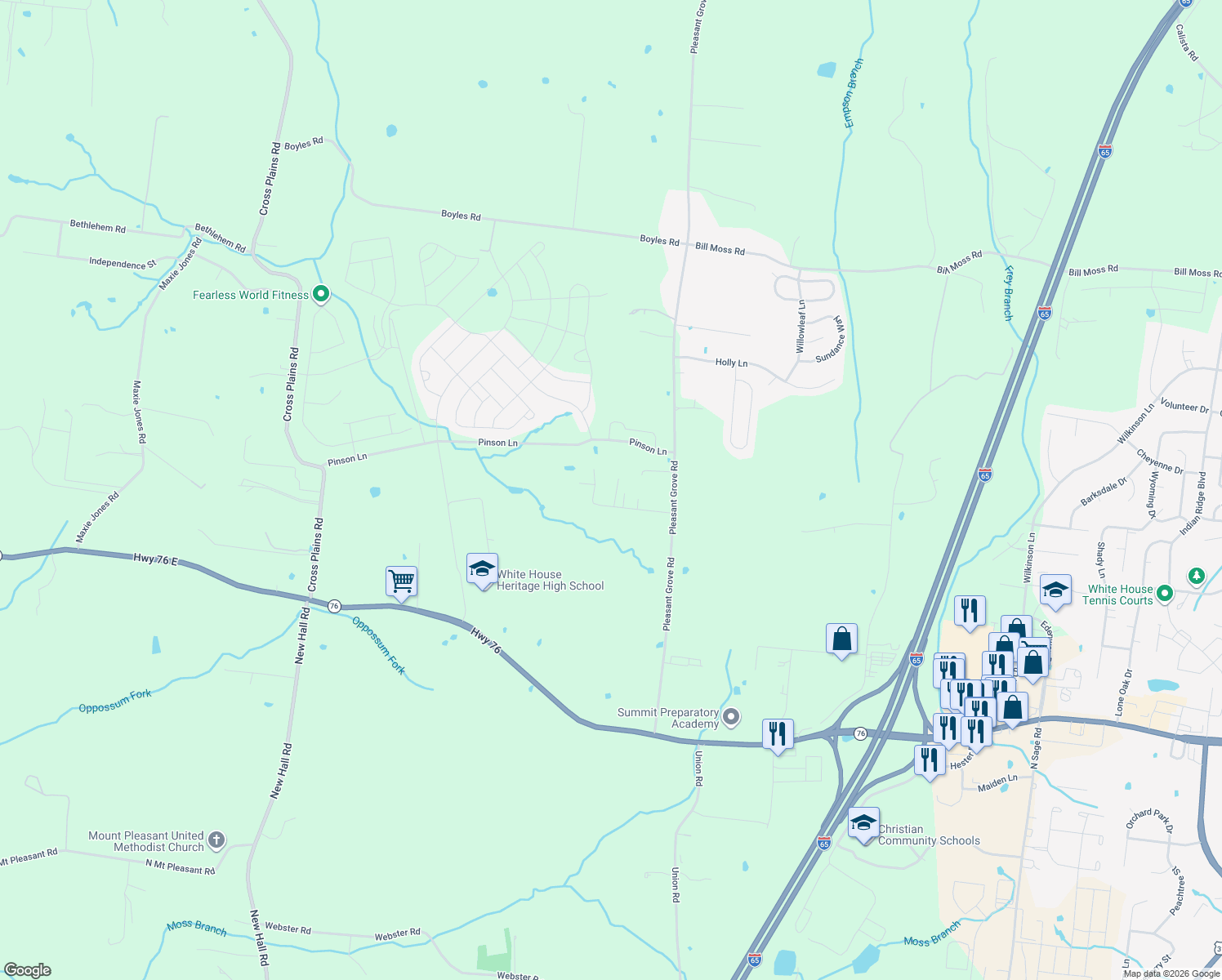map of restaurants, bars, coffee shops, grocery stores, and more near 7666 Pinson Ln in White House