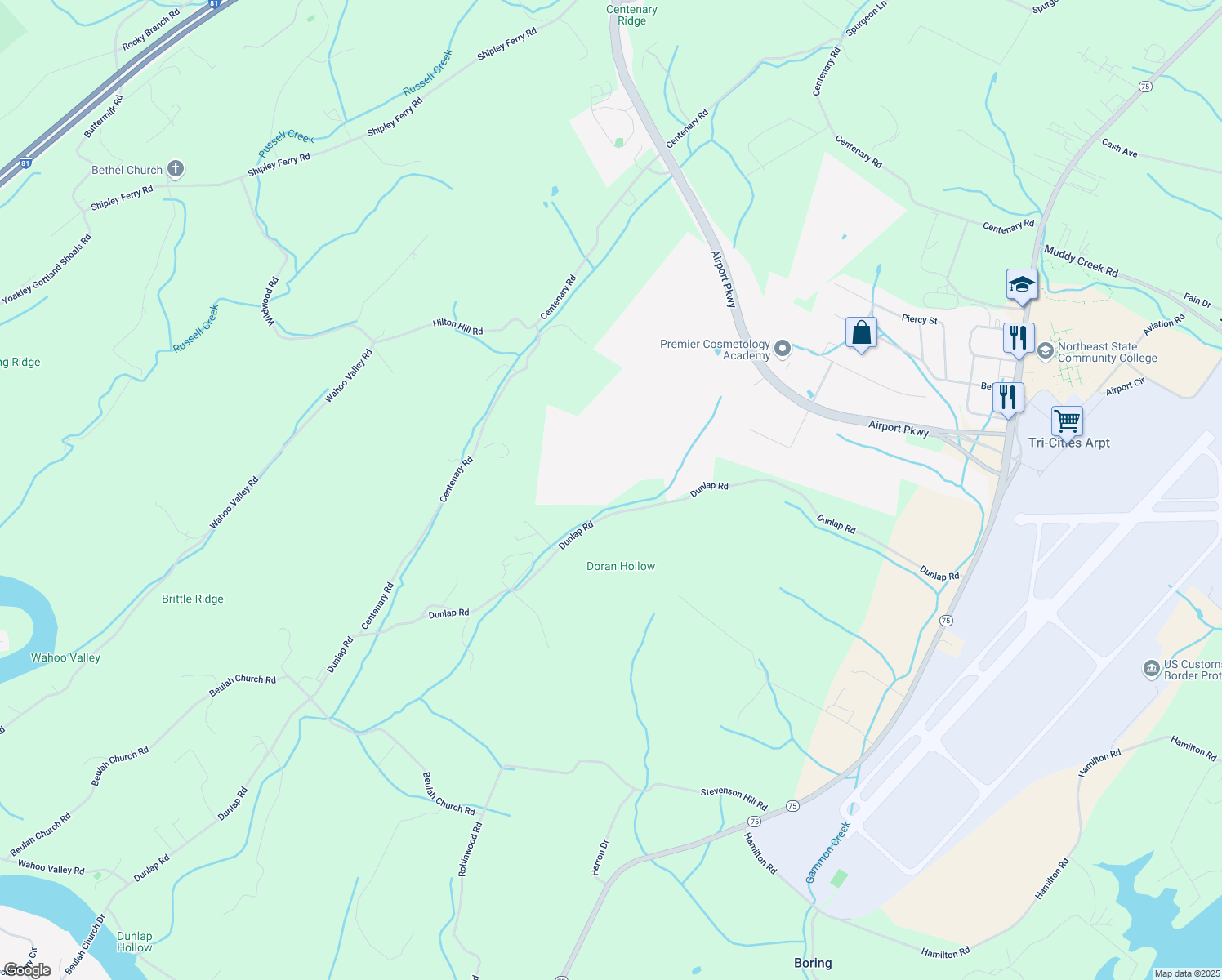 map of restaurants, bars, coffee shops, grocery stores, and more near 590 Dunlap Road in Kingsport