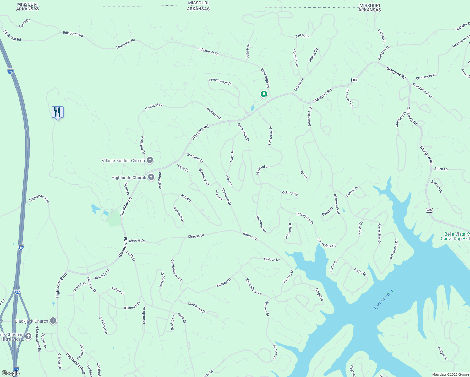 map of restaurants, bars, coffee shops, grocery stores, and more near 67 Islay Drive in Bella Vista