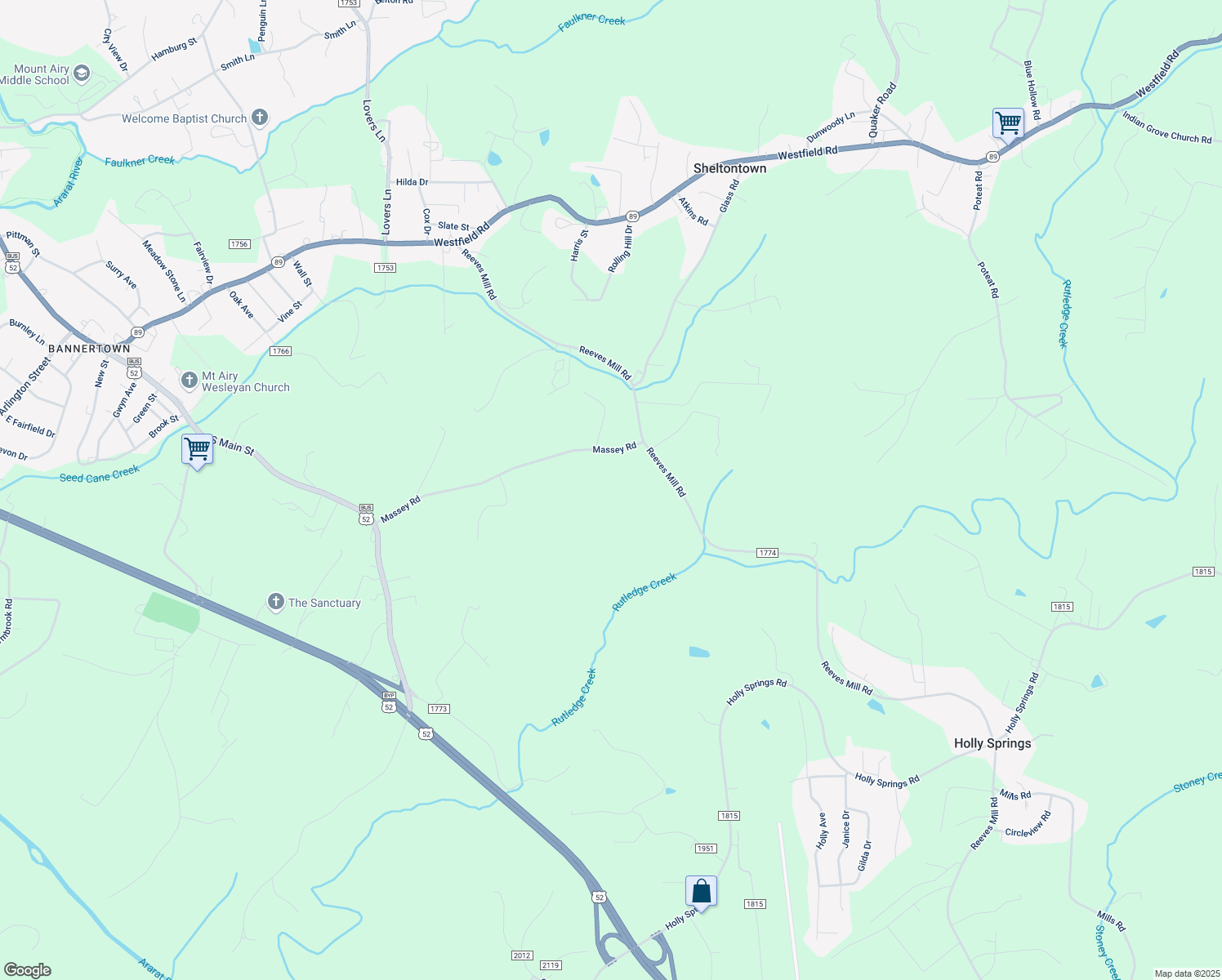 map of restaurants, bars, coffee shops, grocery stores, and more near 468 Massey Road in Mount Airy
