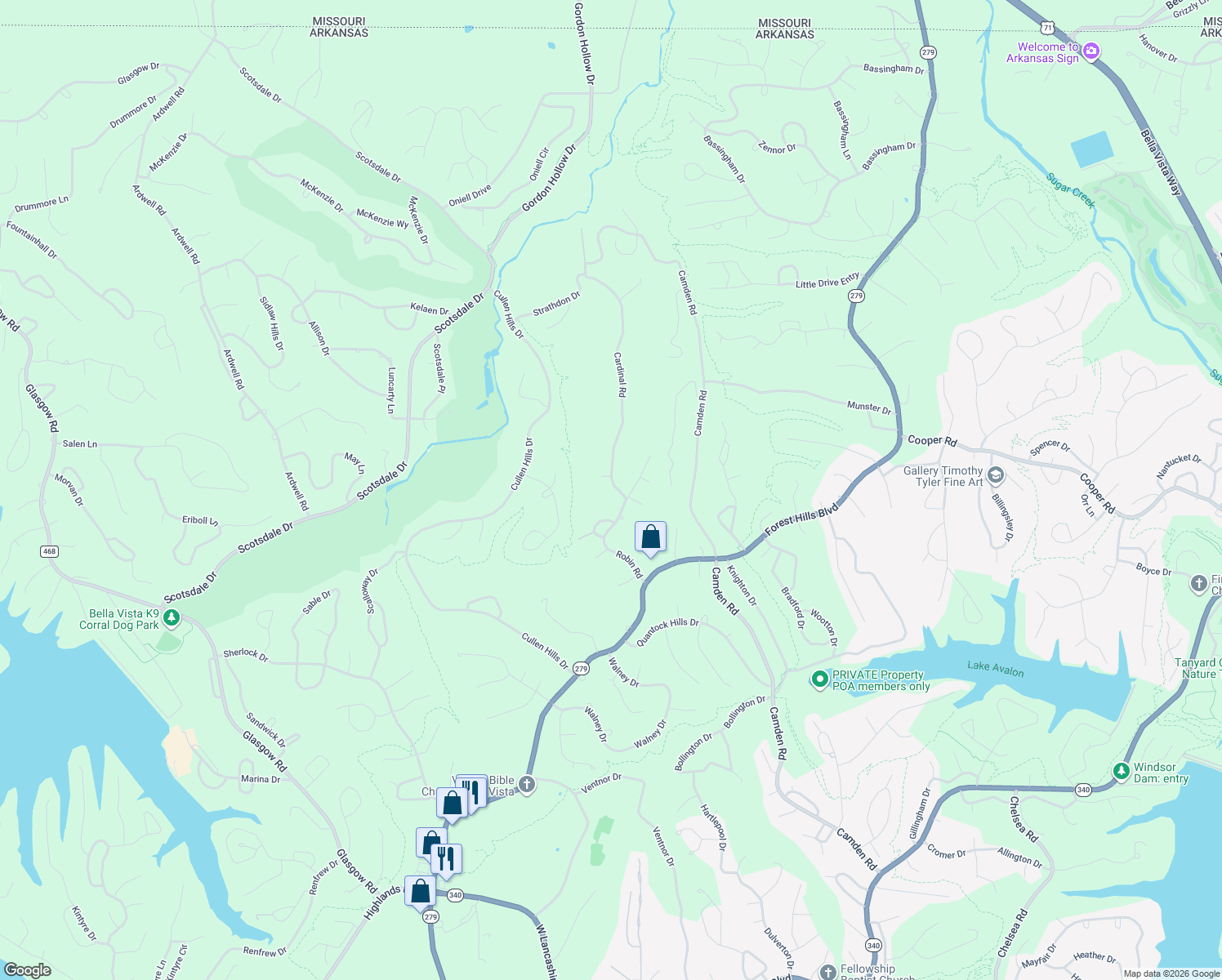 map of restaurants, bars, coffee shops, grocery stores, and more near 12163 Elm Circle in Bella Vista