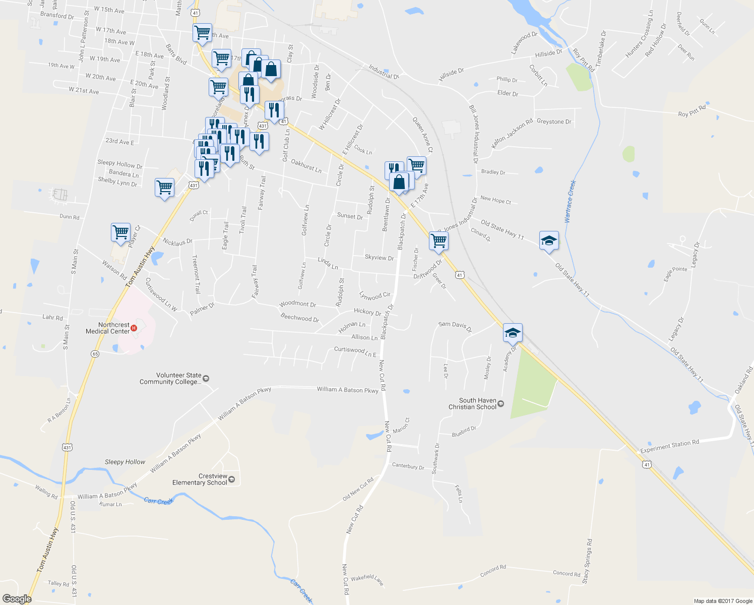 map of restaurants, bars, coffee shops, grocery stores, and more near 313 Lynwood Circle in Springfield