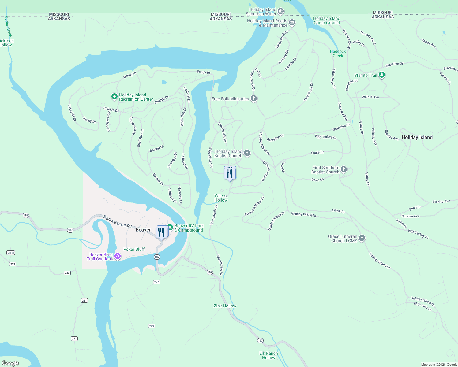 map of restaurants, bars, coffee shops, grocery stores, and more near 35 Woodsdale Drive in Holiday Island